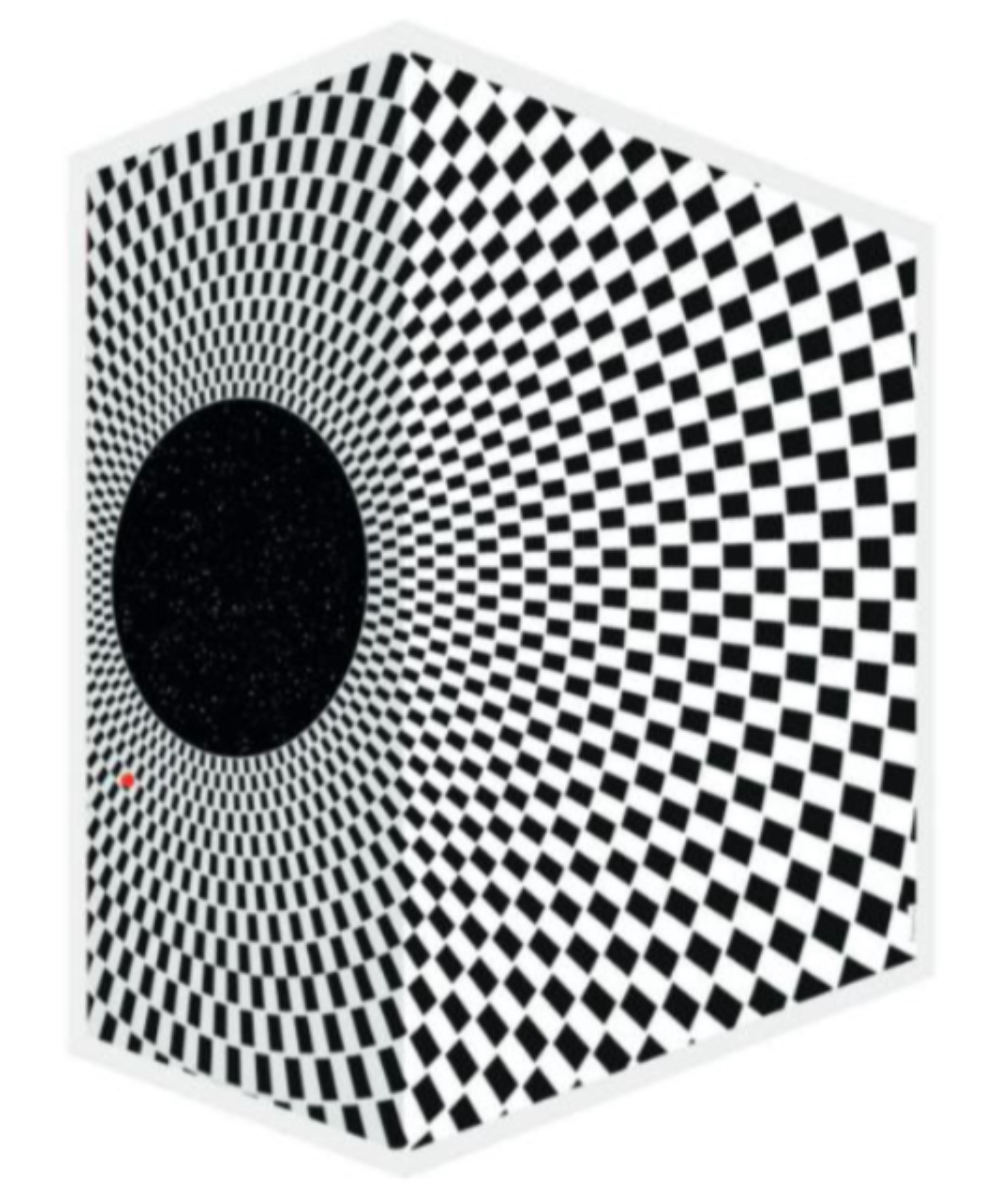 This artwork by Patrick Rubinstein exemplifies kinetic art, a genre where movement or perspective changes create dynamic effects. Rubinstein uses a lenticular technique, allowing the piece to shift between three distinct images depending on the