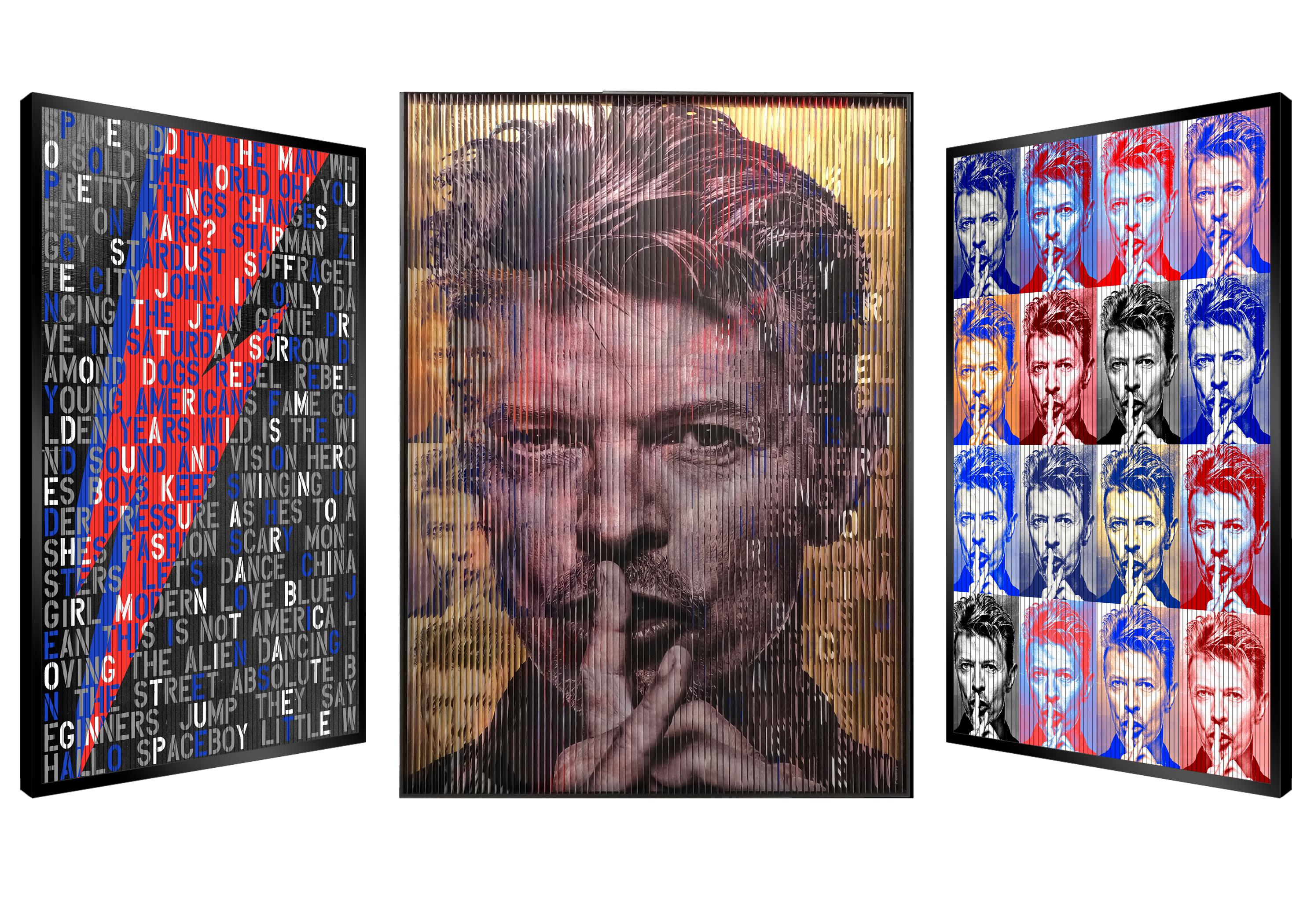 "Explosion D'amour" David Bowie, Original Kinetic Artwork on Panel, Silver Leaf - Mixed Media Art by Patrick Rubinstein