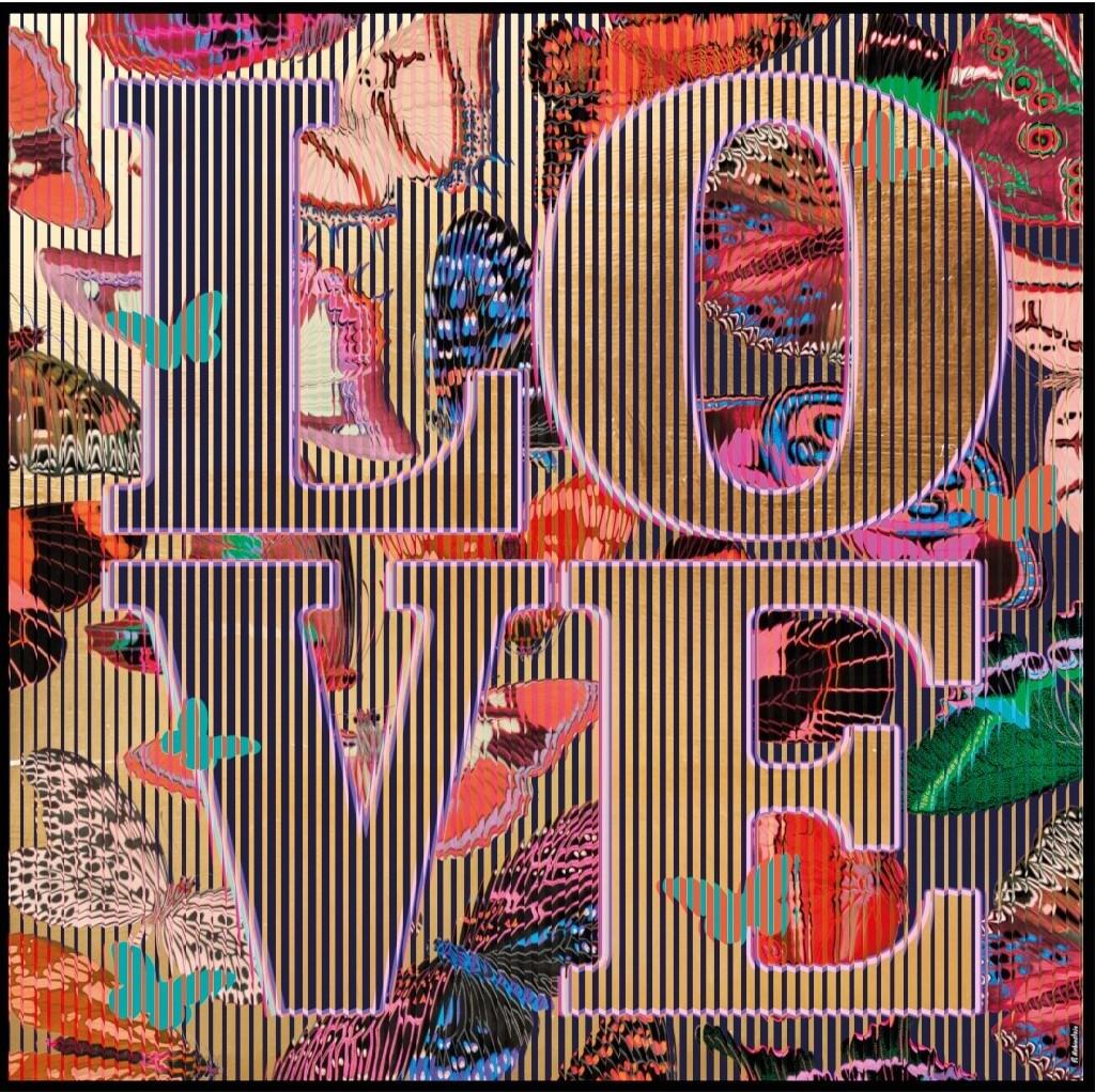 This striking kinetic artwork boldly presents the word 