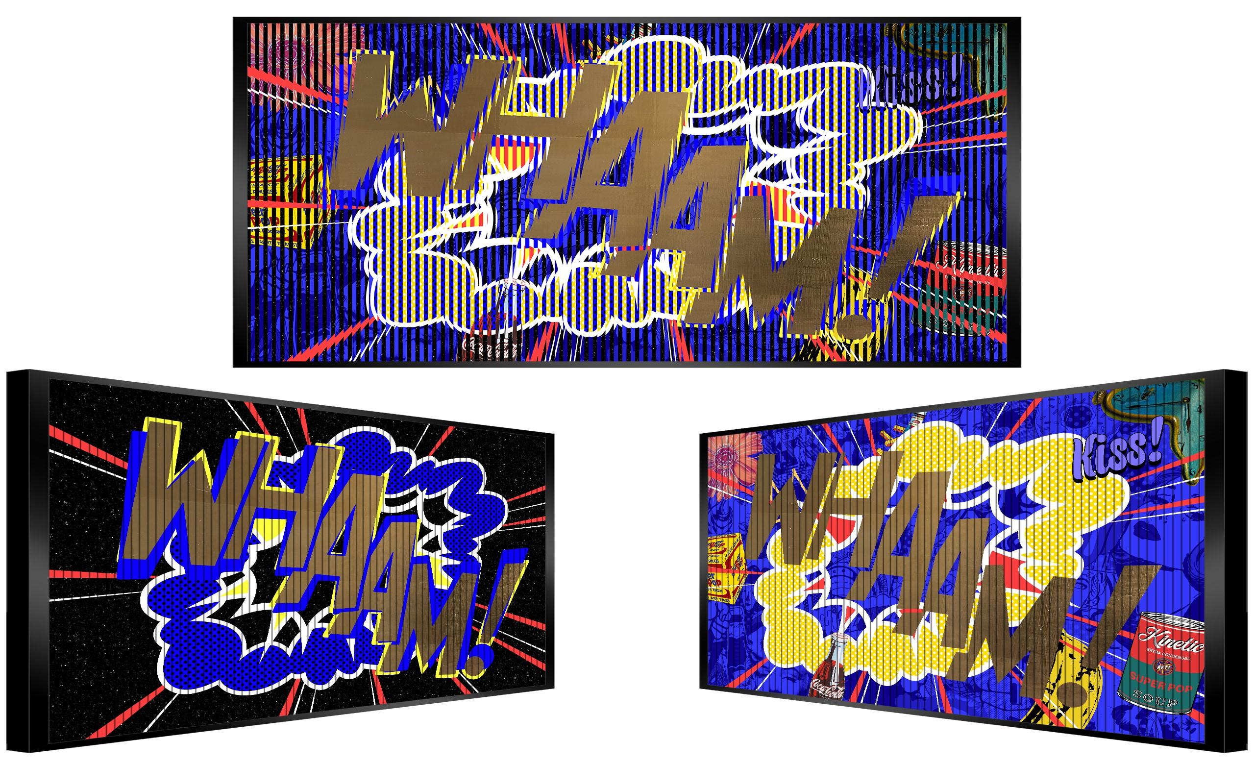 Oh Whaam, mixed media with gold leaf, 2022, pop art, 34 inches, by Rubinstein - Mixed Media Art by Patrick Rubinstein