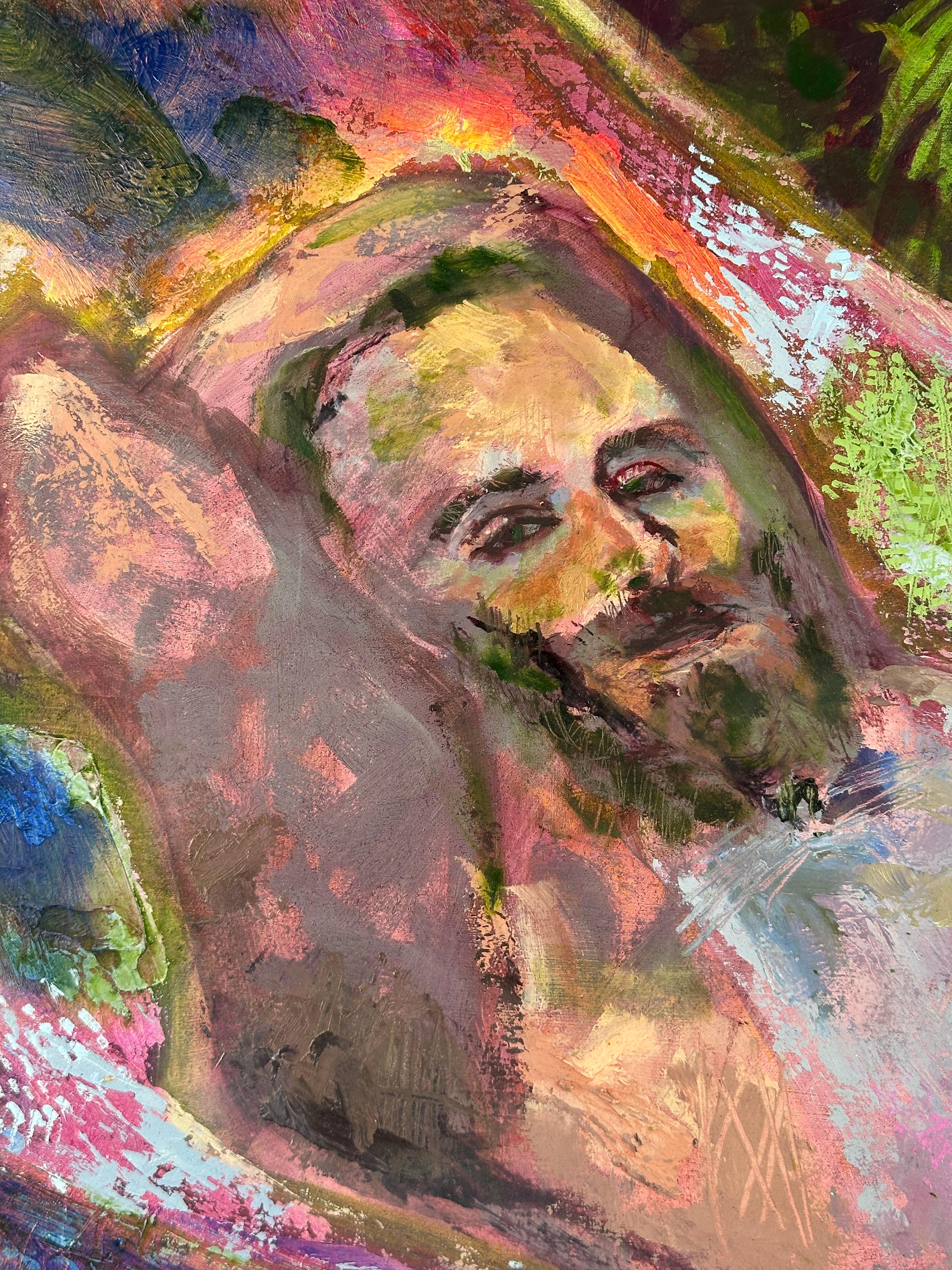 Brendan (Hammock) Reclining Male Figure Painting - Brown Portrait Painting by Patrick Terenchin
