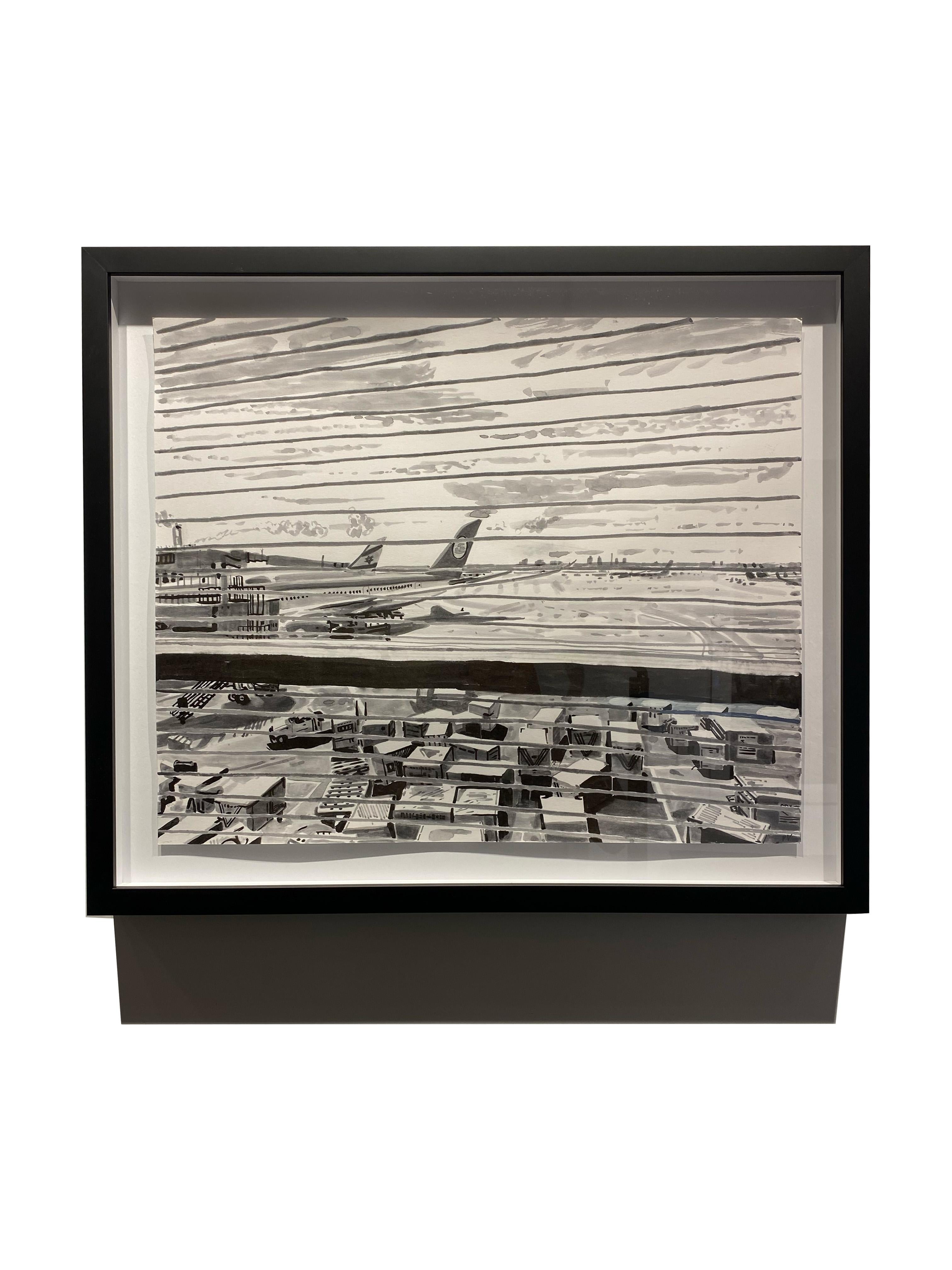 Airport - Chicago's O'Hare Field, Acrylic & Ink on Paper, Framed - Modern Painting by Patrick Vale