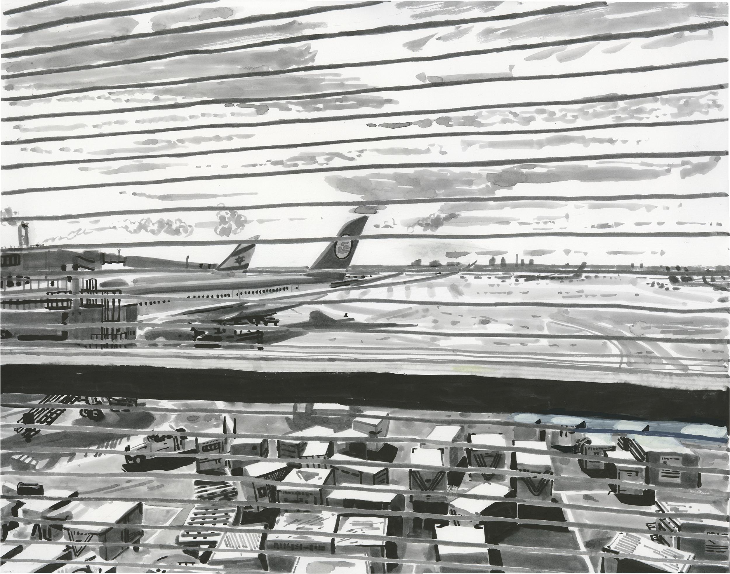 Patrick Vale Landscape Painting - Airport - Chicago's O'Hare Field, Acrylic & Ink on Paper, Framed