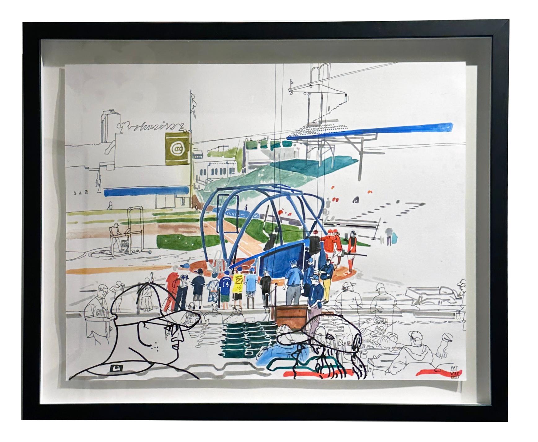 Batting Practice - Wrigley Field, Chicago, Acrylic & Ink on Paper, Framed - Painting by Patrick Vale