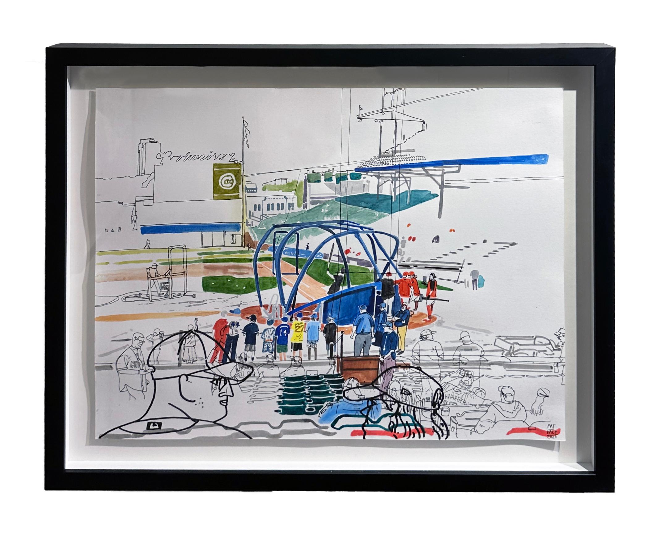Batting Practice - Wrigley Field, Chicago, Acrylic & Ink on Paper, Framed - Modern Painting by Patrick Vale