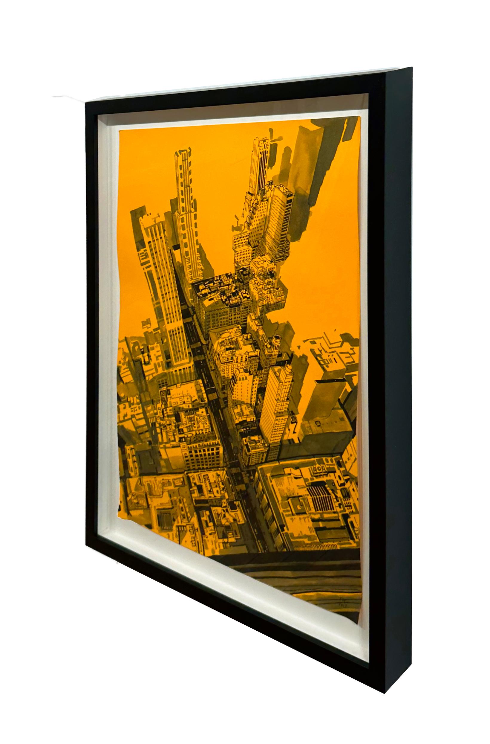 ES III - NYC Birdseye View on Bright Orange Paper, Original, Framed - Painting by Patrick Vale