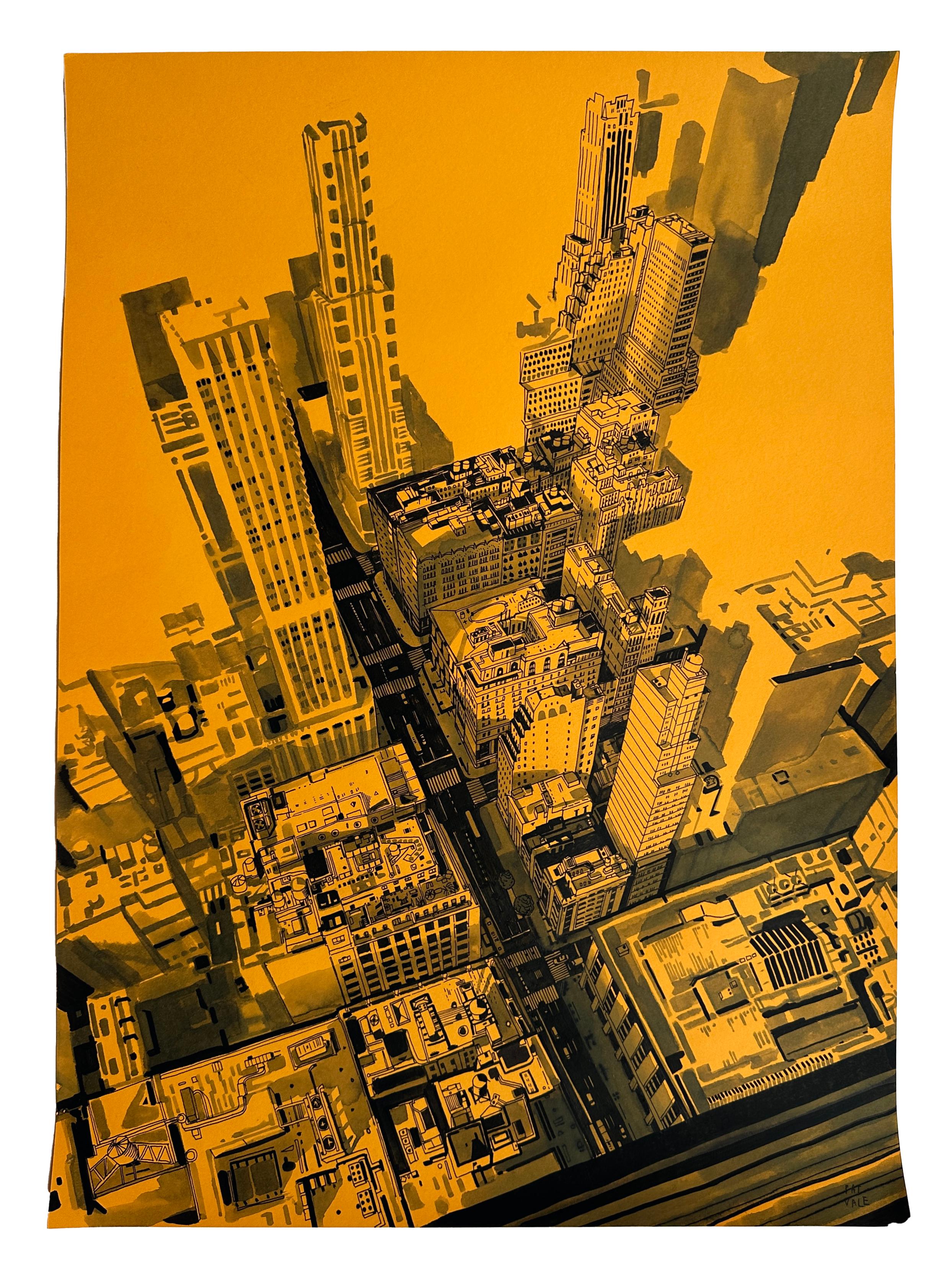 Patrick Vale Abstract Painting - ES III - NYC Birdseye View on Bright Orange Paper, Original, Framed