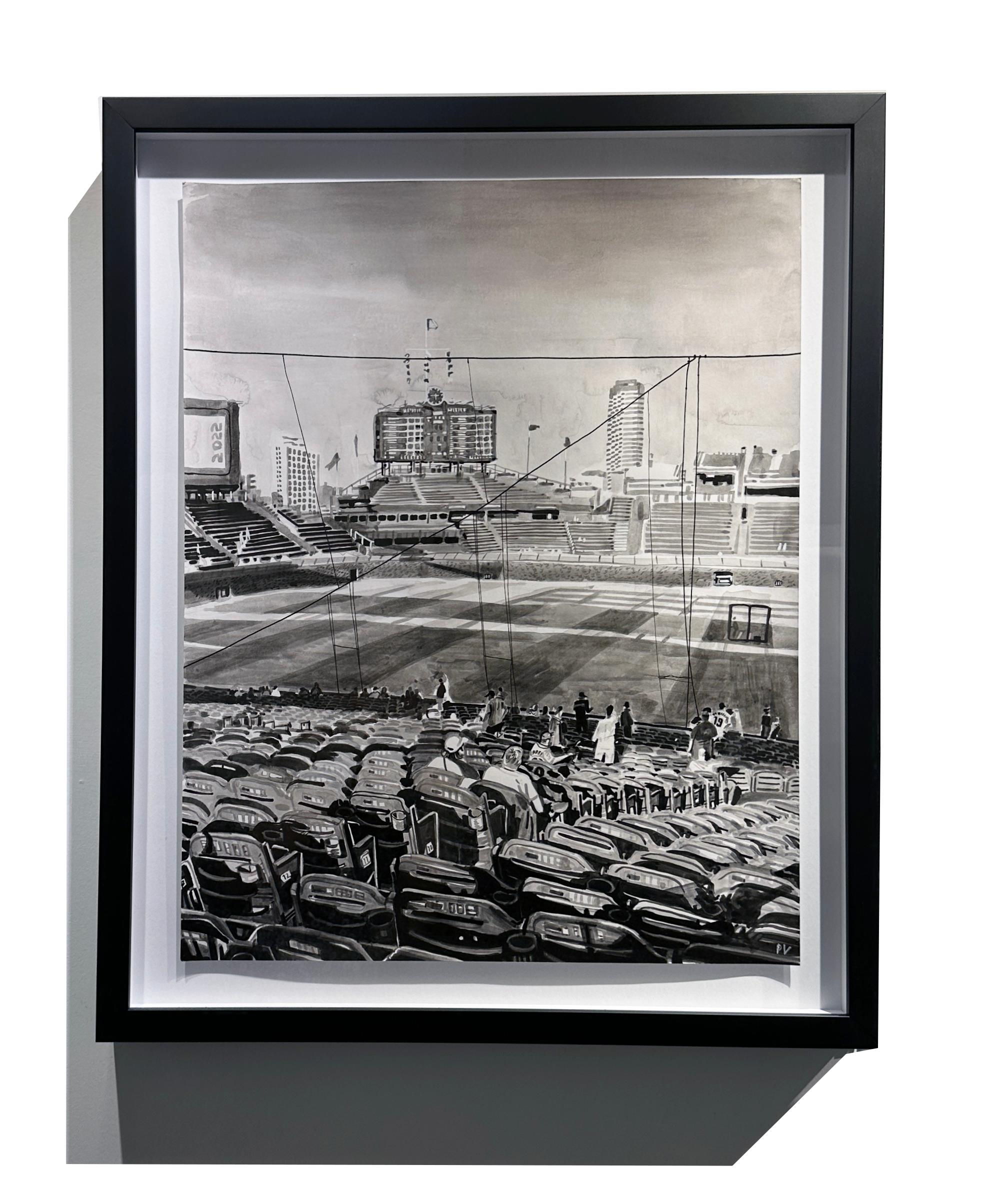 Sombras Vespertinas - Atardecer en Wrigley Field, Chicago, Acrílico y Tinta sobre Papel, Enmarcado - Painting de Patrick Vale