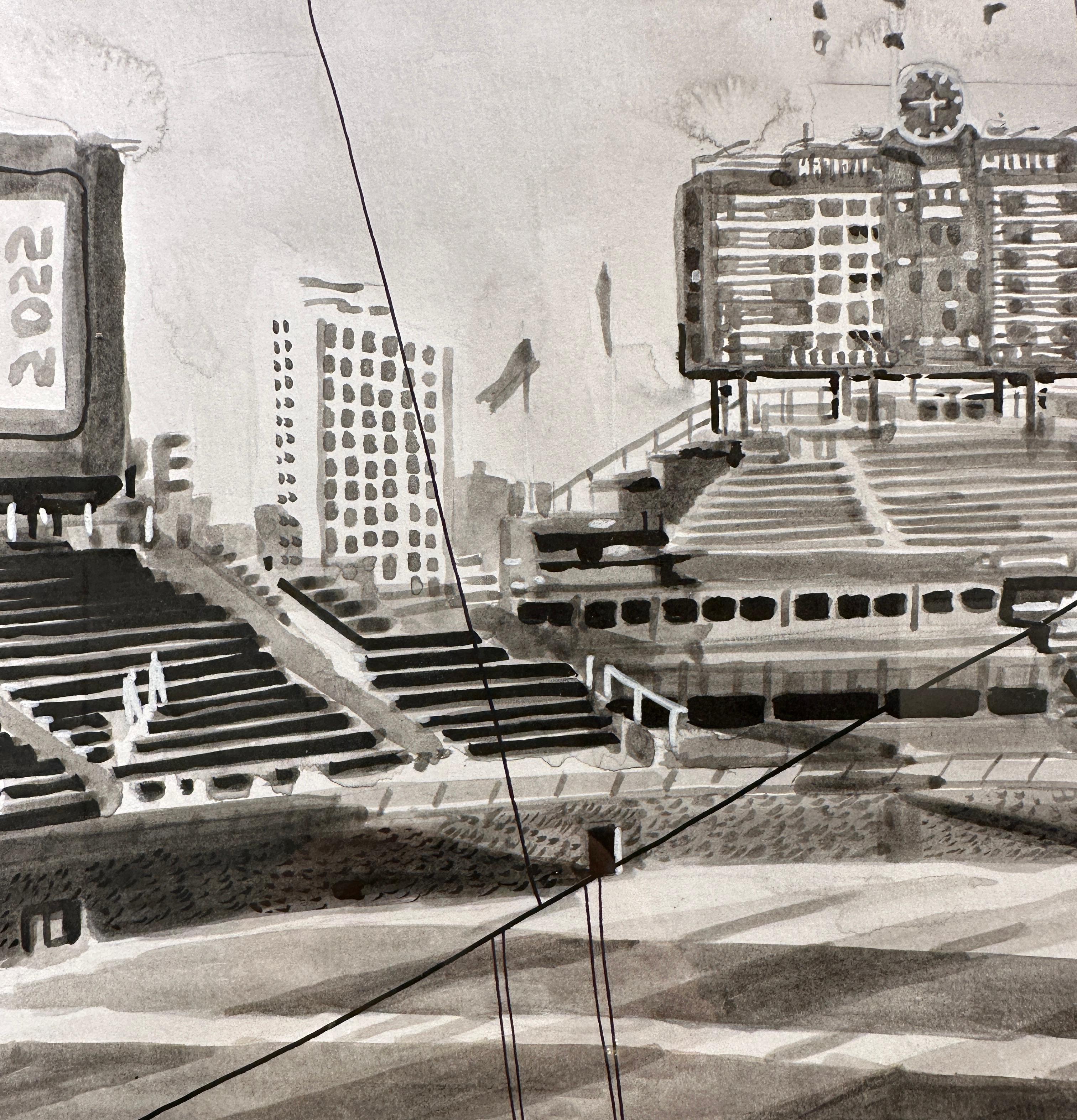 Evening Shadows - Dusk at Wrigley Field, Chicago, Acrylic & Ink on Paper, Framed For Sale 1