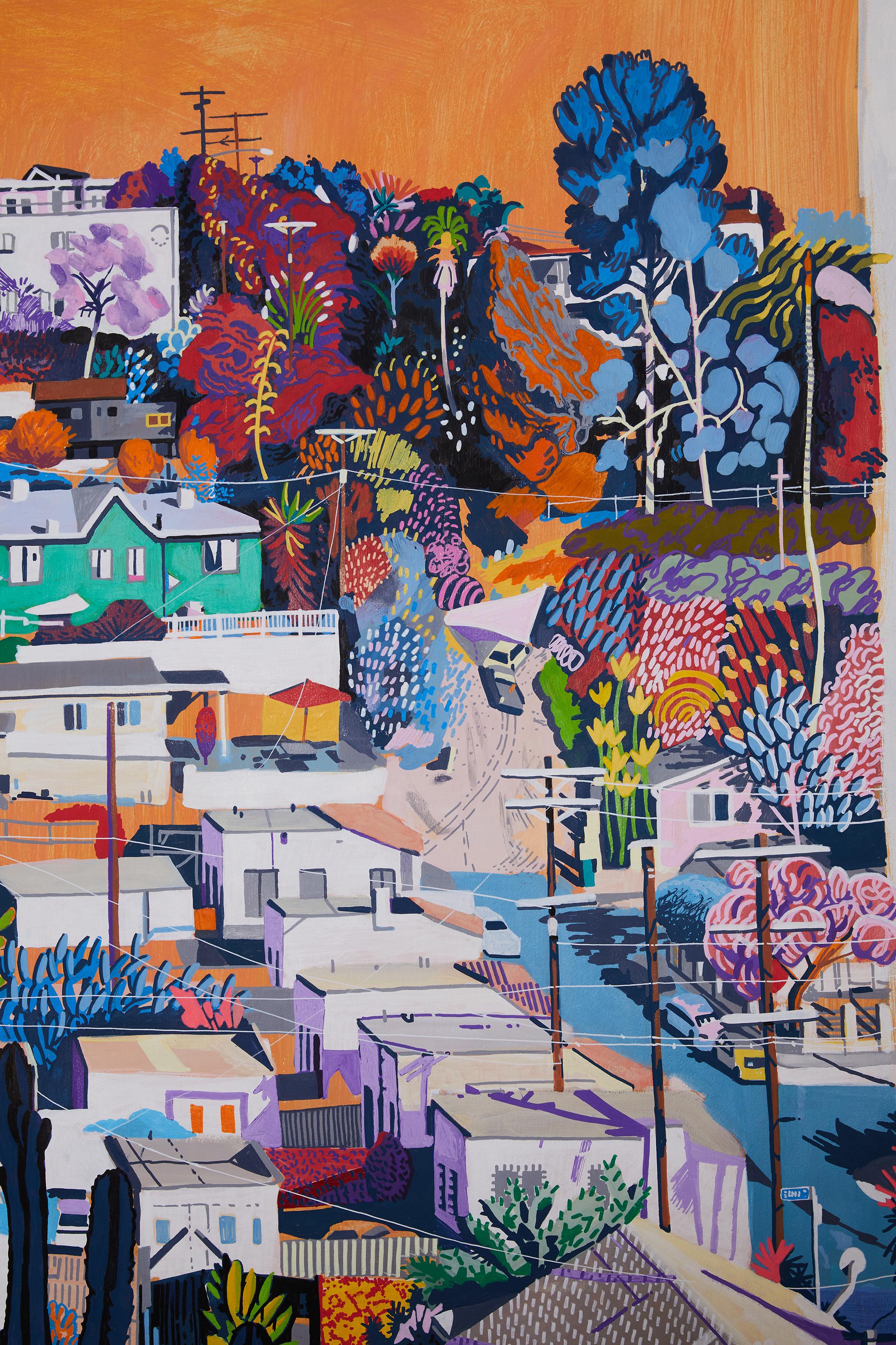 Im Garten von Ebeneezer Goode – Los Angeles, Hillside in Mid-Century-Farben (Moderne), Painting, von Patrick Vale