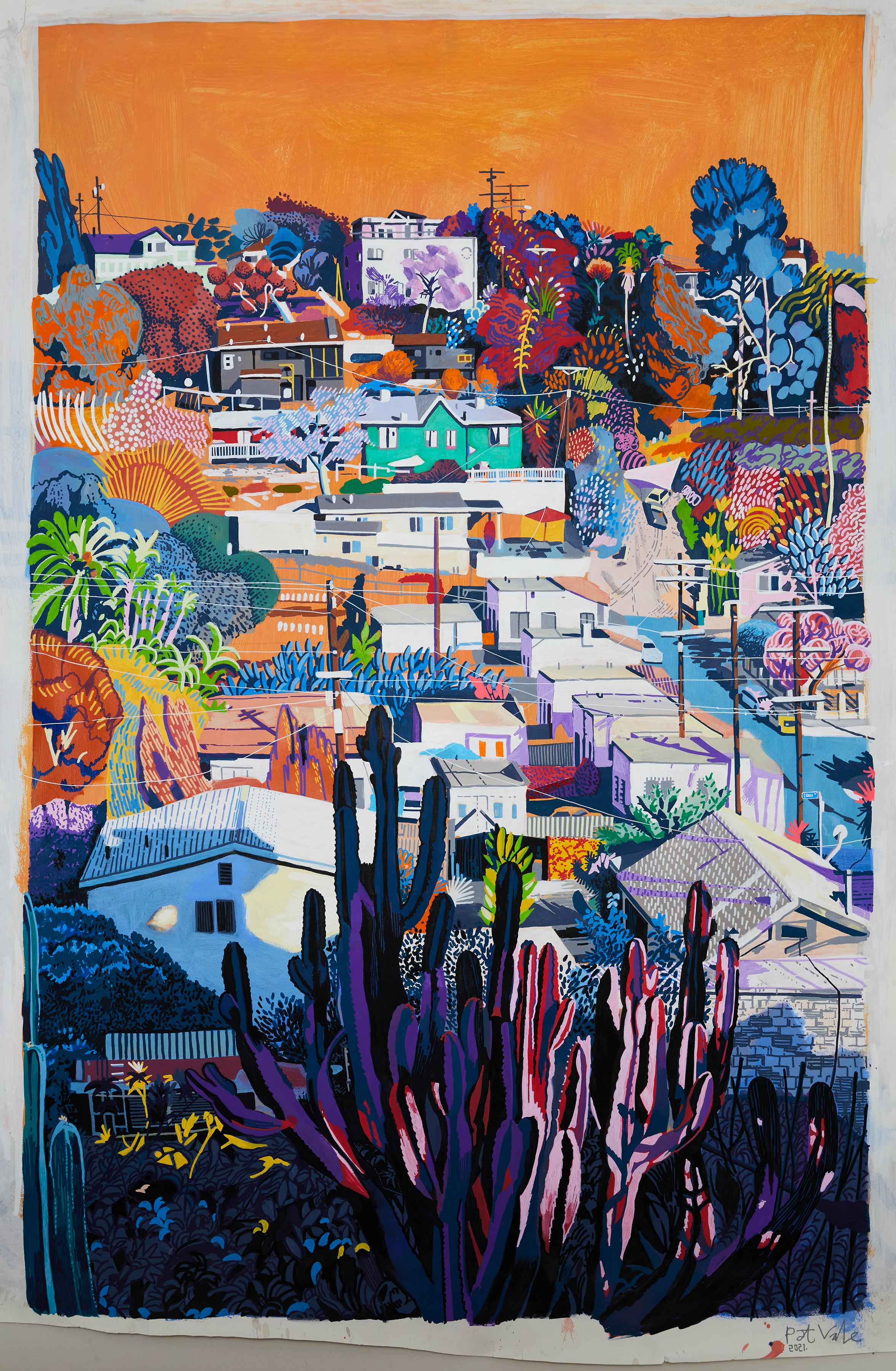 Abstract Painting Patrick Vale - Dans le jardin d'Ebeneezer Goode - Colline de Los Angeles aux couleurs du milieu du siècle dernier