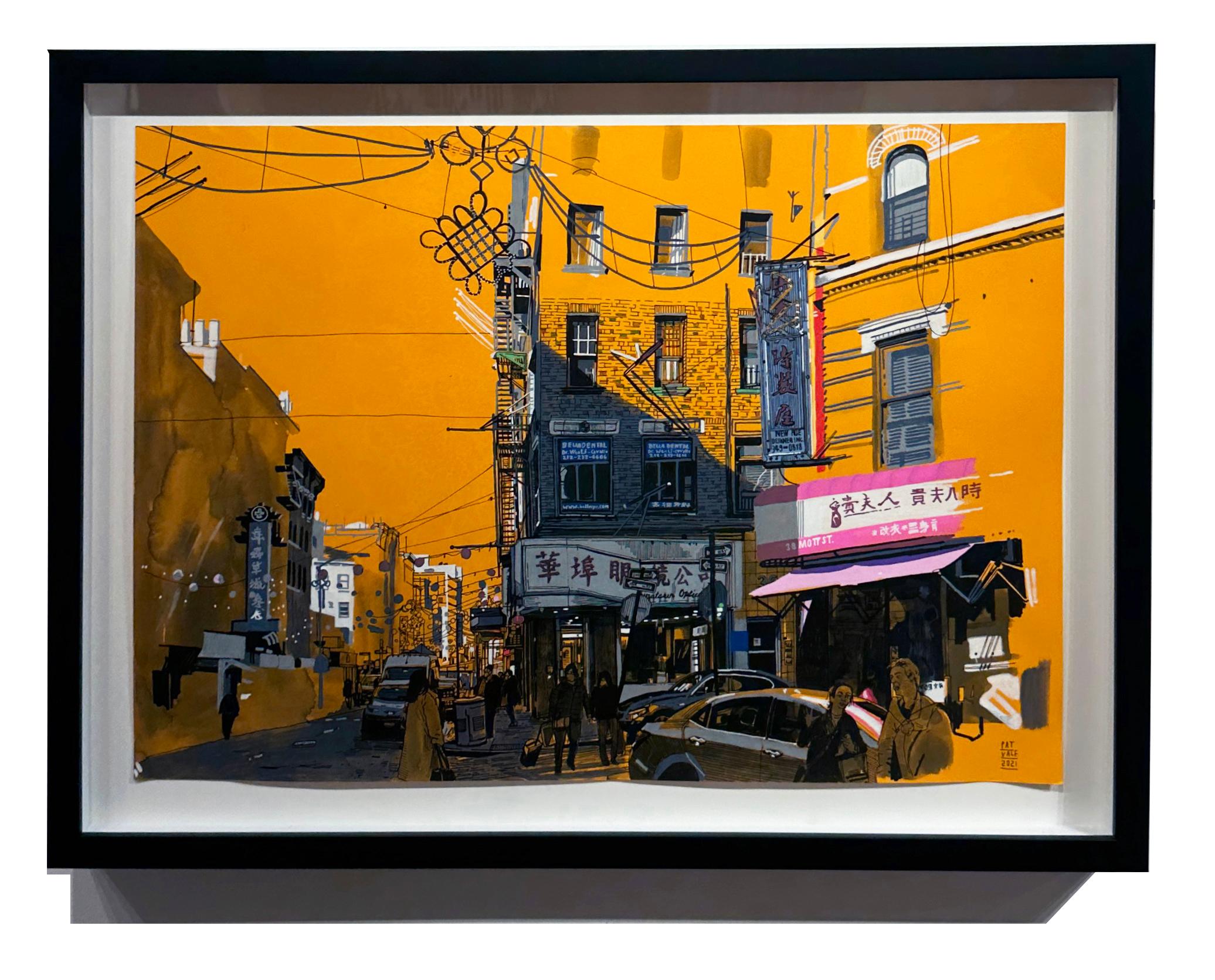 Mott Street - NYC Street Scene on Bright Orange Paper, Original, Framed - Painting by Patrick Vale
