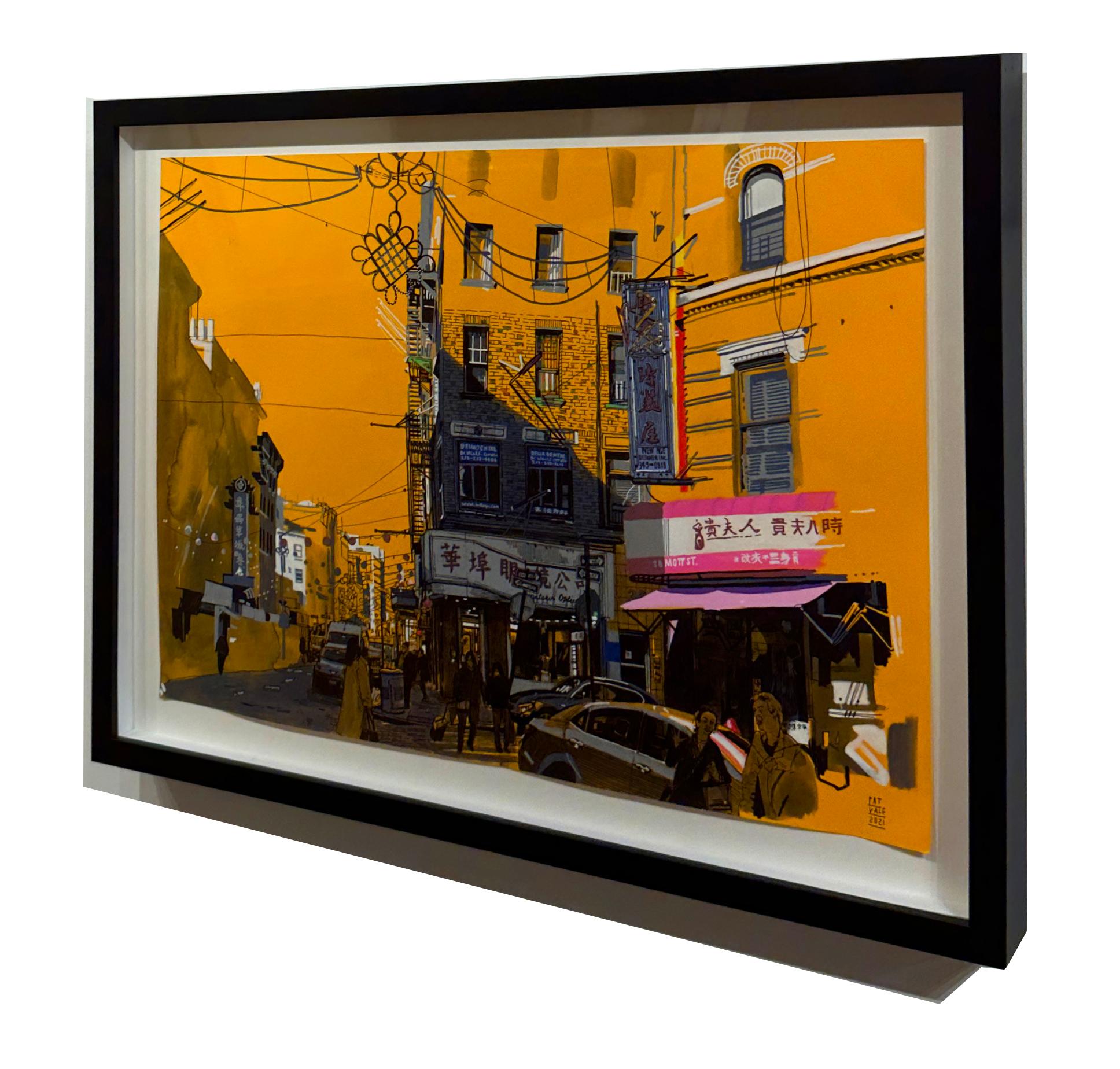 Mott Street - Scène de rue de New York sur papier orange vif, original, encadré - Moderne Painting par Patrick Vale