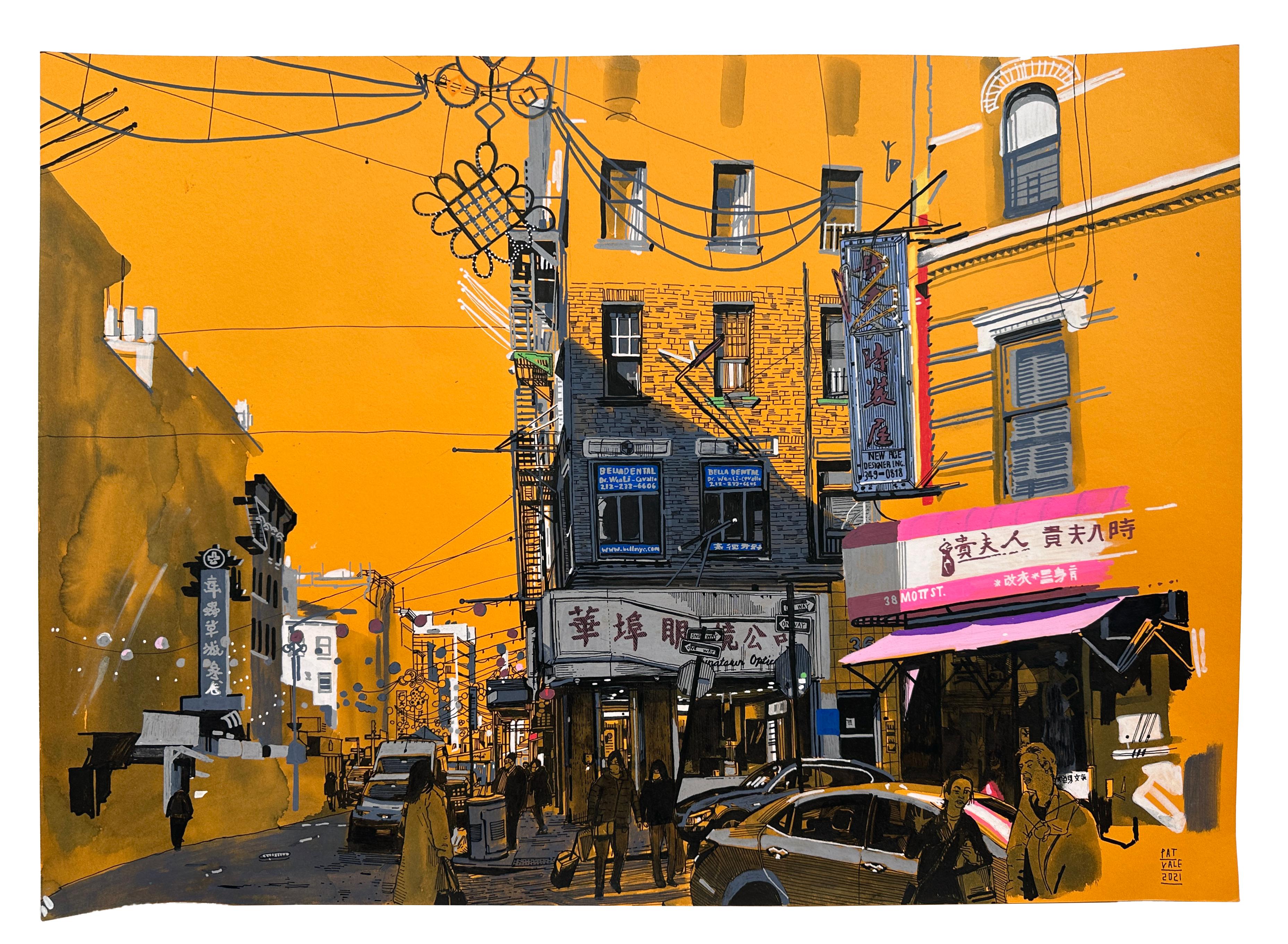 Patrick Vale Landscape Painting - Mott Street - NYC Street Scene on Bright Orange Paper, Original, Framed