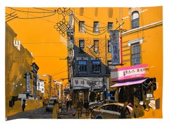 Mott Street - NYC Street Scene on Bright Orange Paper, Original, Framed