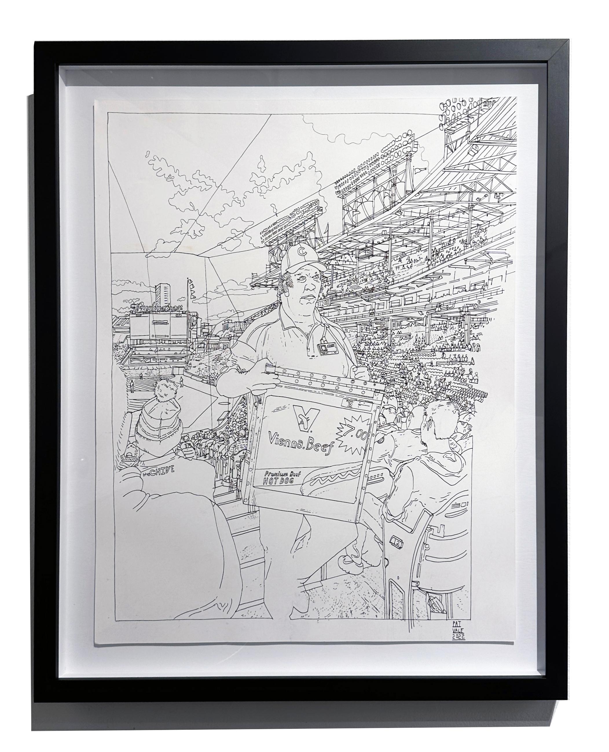 Vienna Beef Guy - Chicago's Wrigley Field Hot Dog Vendor, Ink on Paper, Framed - Painting by Patrick Vale