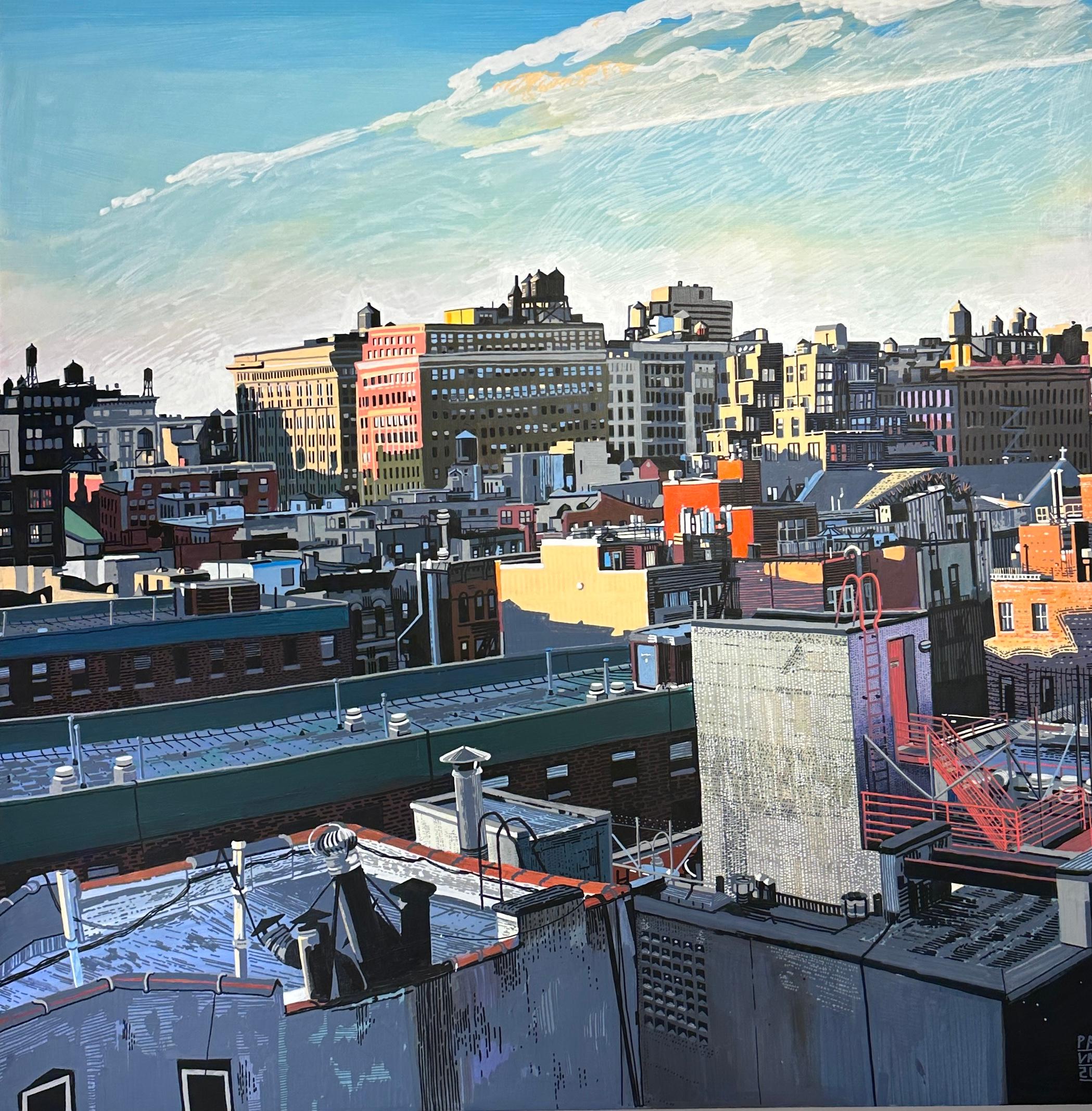 Landscape Painting Patrick Vale - Rooftops, NYC - Peinture originale sur panneau de la ligne d'horizon de New York