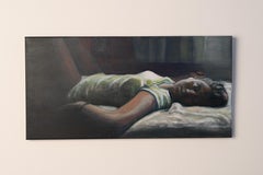 Peinture contemporaine à l'huile sur toile d'une femme allongée sur un lit.  (2016) - Vertententen 