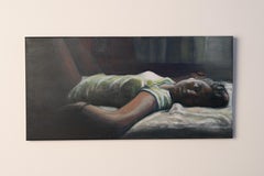 Pintura contemporánea al óleo sobre lienzo de mujer tumbada en una cama  (2016) - Vertenten
