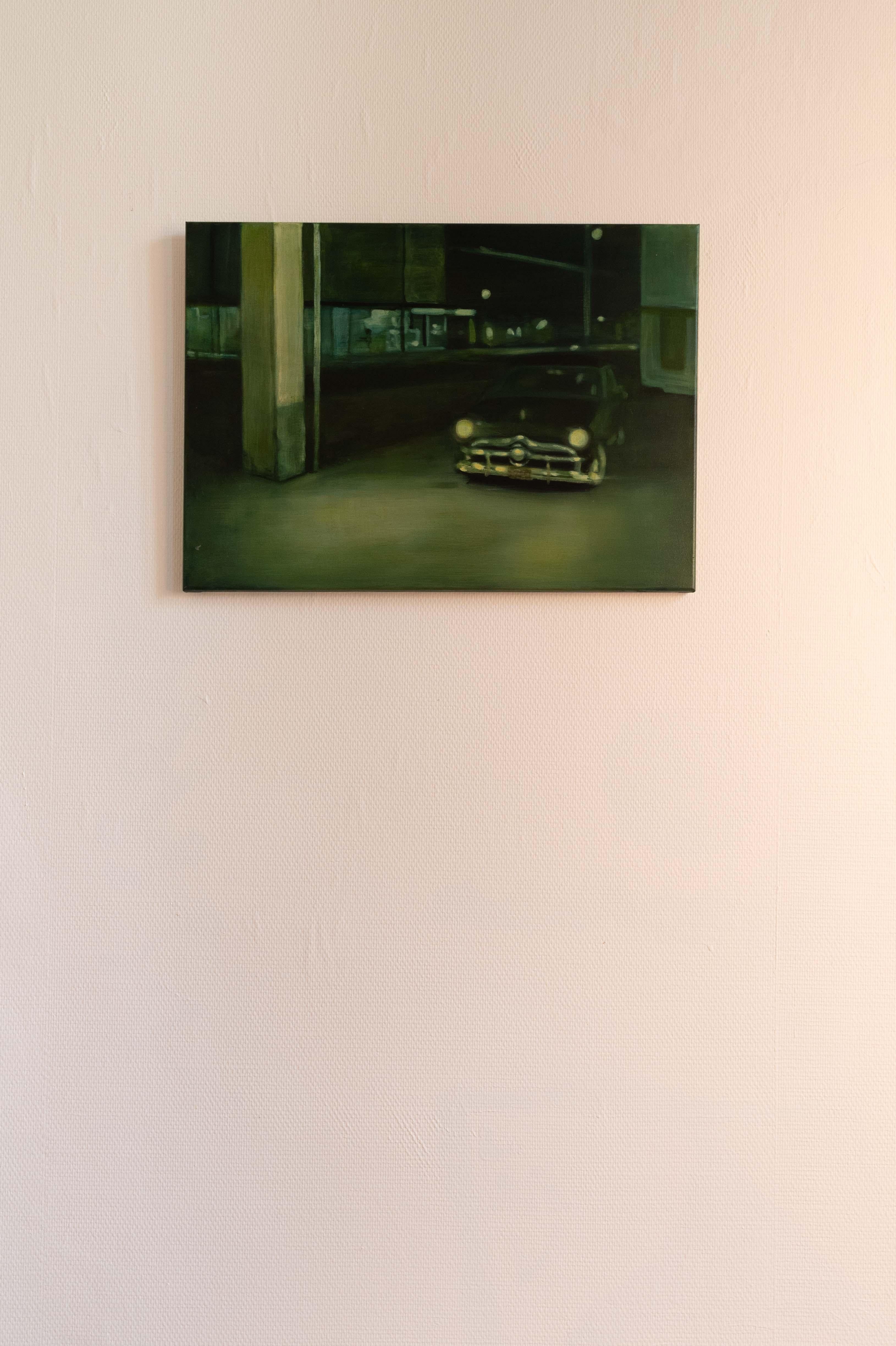 Fugate - (painting of an oldtimer car from the 60s during night) - Painting by Patrick Vertenten