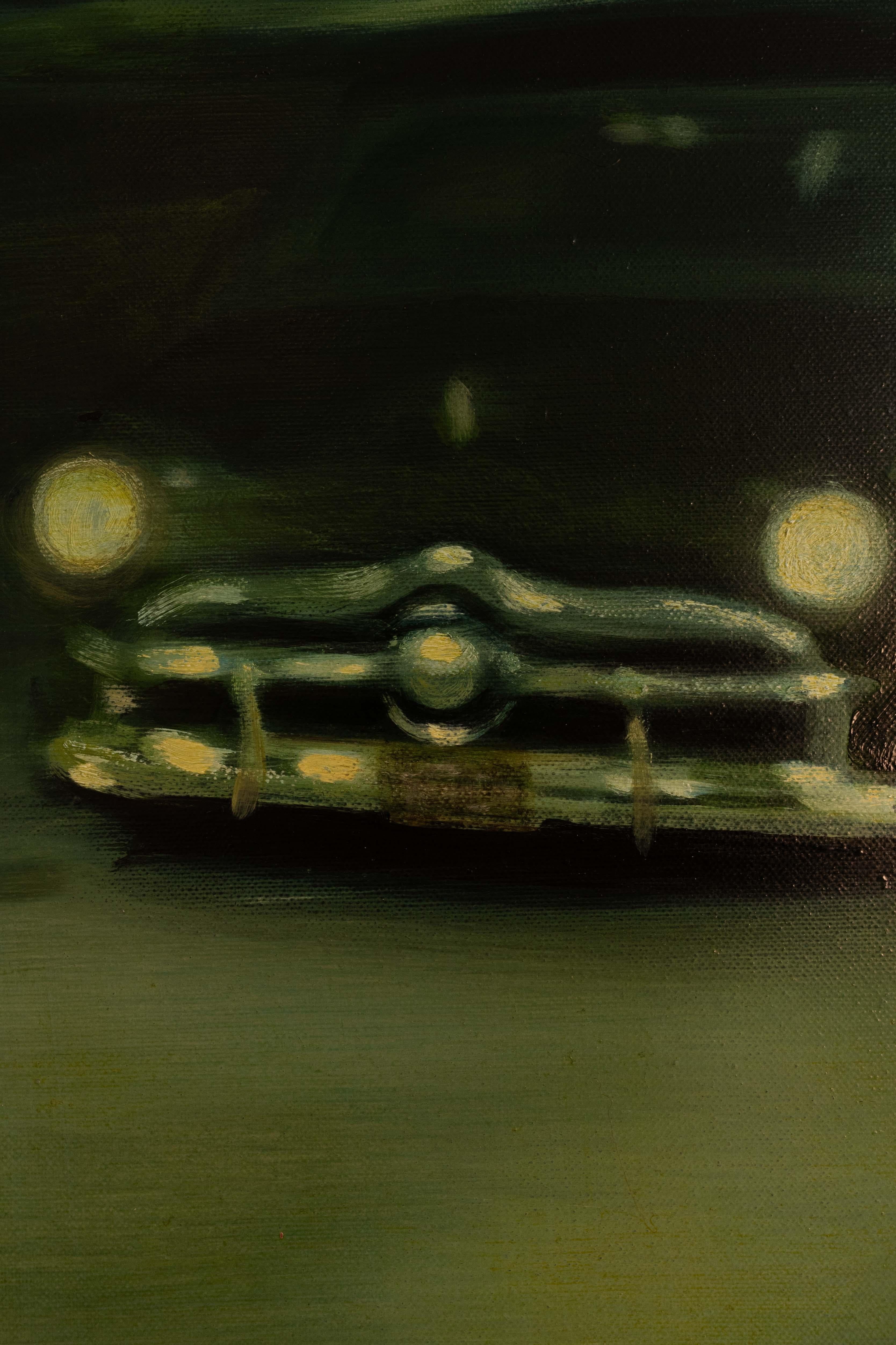 Oil on canvas painting of an oldtimer car, during night time. 
