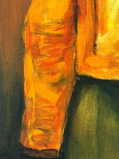 Oil on canvas portrait painting of a girl in a red jacket, seen from the back