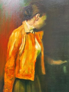 Oil on canvas portrait painting of a girl in a red jacket, seen from the back