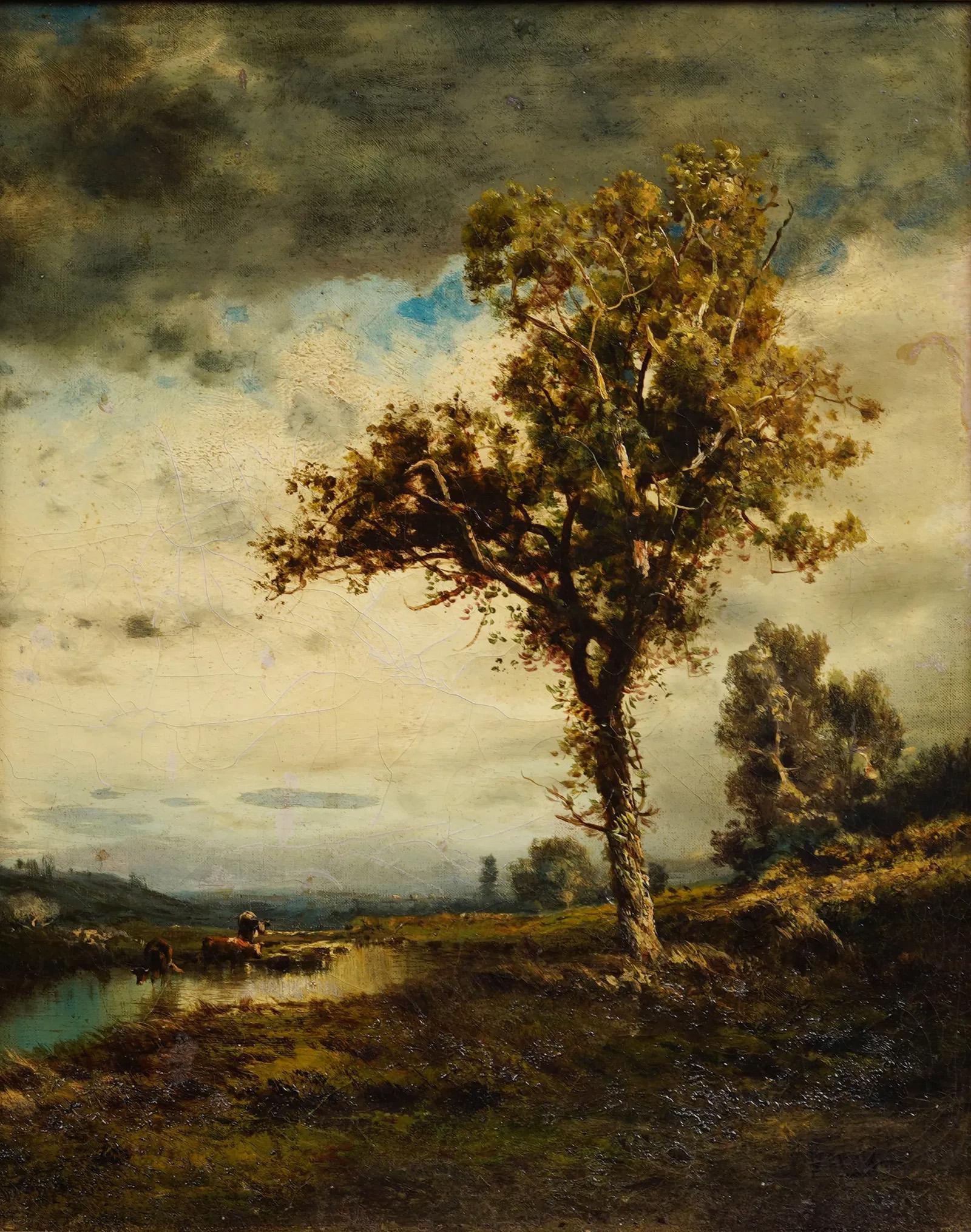 Antique American Hudson River School Tonalist Landscape Framed Oil Painting 1