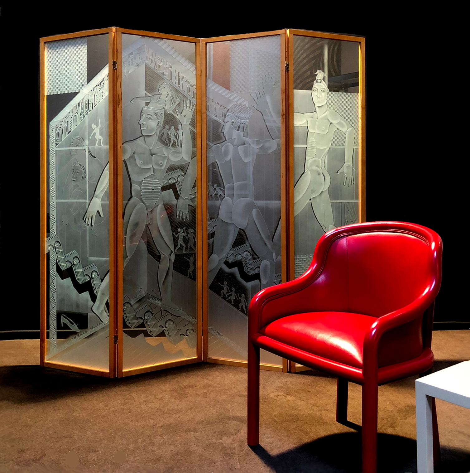 Patrick Wadley Four Panel Etched Glass Screen 4