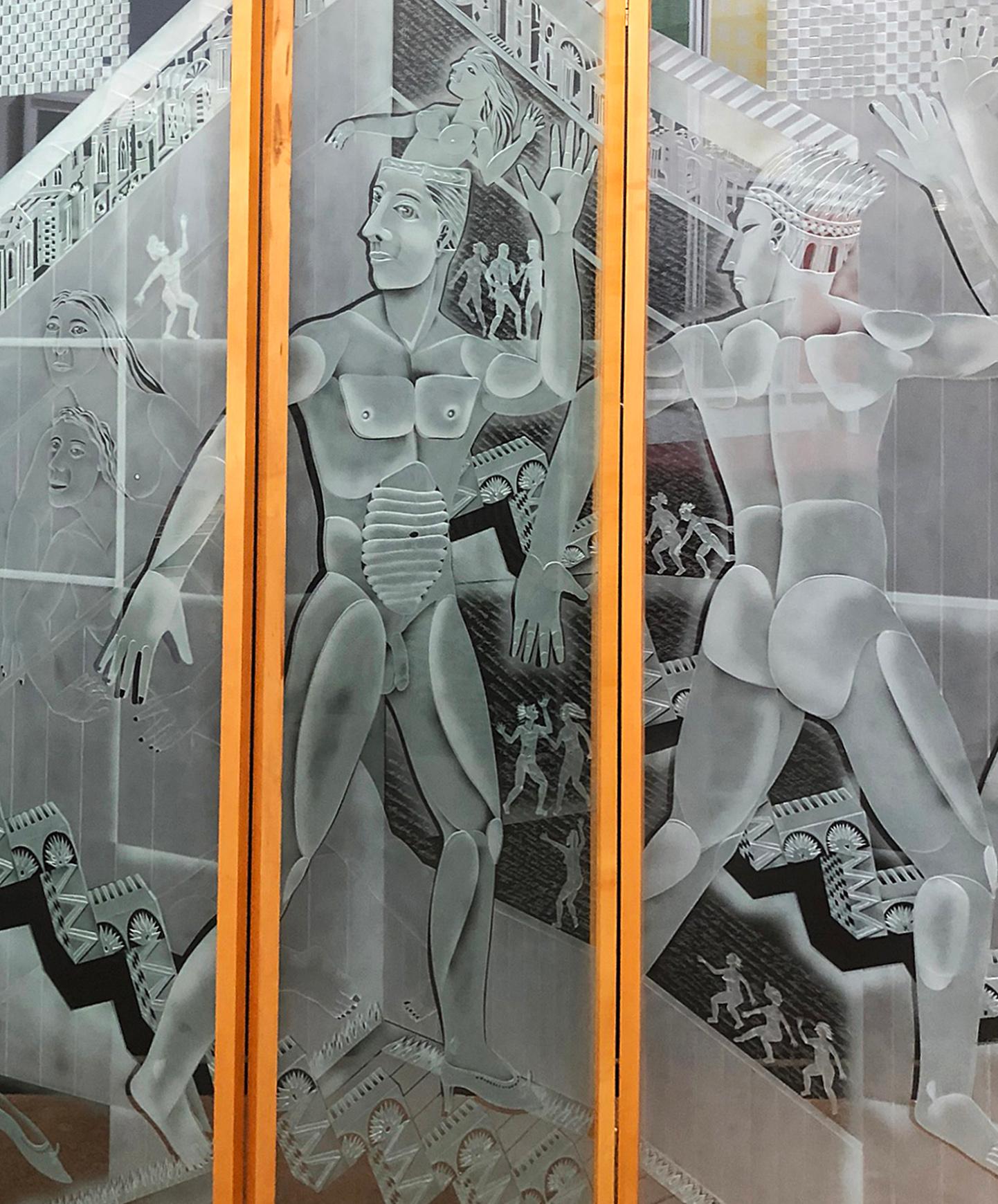 Fine art, etched and sandblasted glass screen by American artist, Patrick Wadley (1950 - 1992) Signed and dated 1987. The panels are framed with wood and are connected with hinges. Each panel measures: 73 1/2