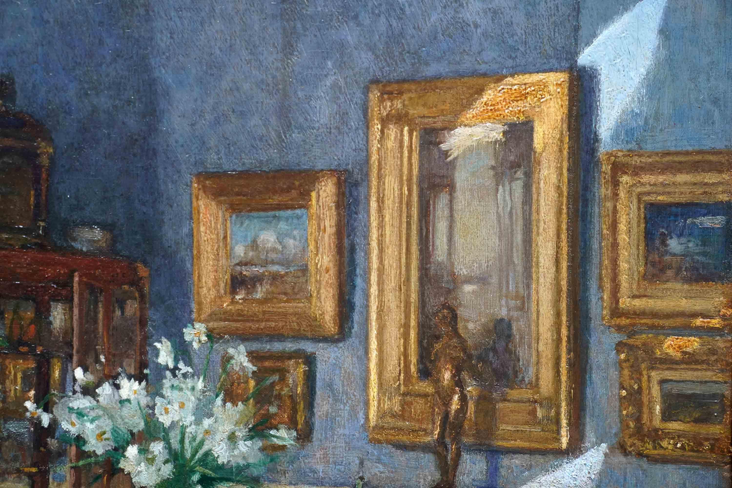 This superb exhibited Scottish interior oil painting with excellent provenance is by noted artist Patrick William Adam.  Painted in 1915 it was exhibited that year at the Royal Scottish Academy and entitled the Drawing Room, 27 Drumsheugh Gardens