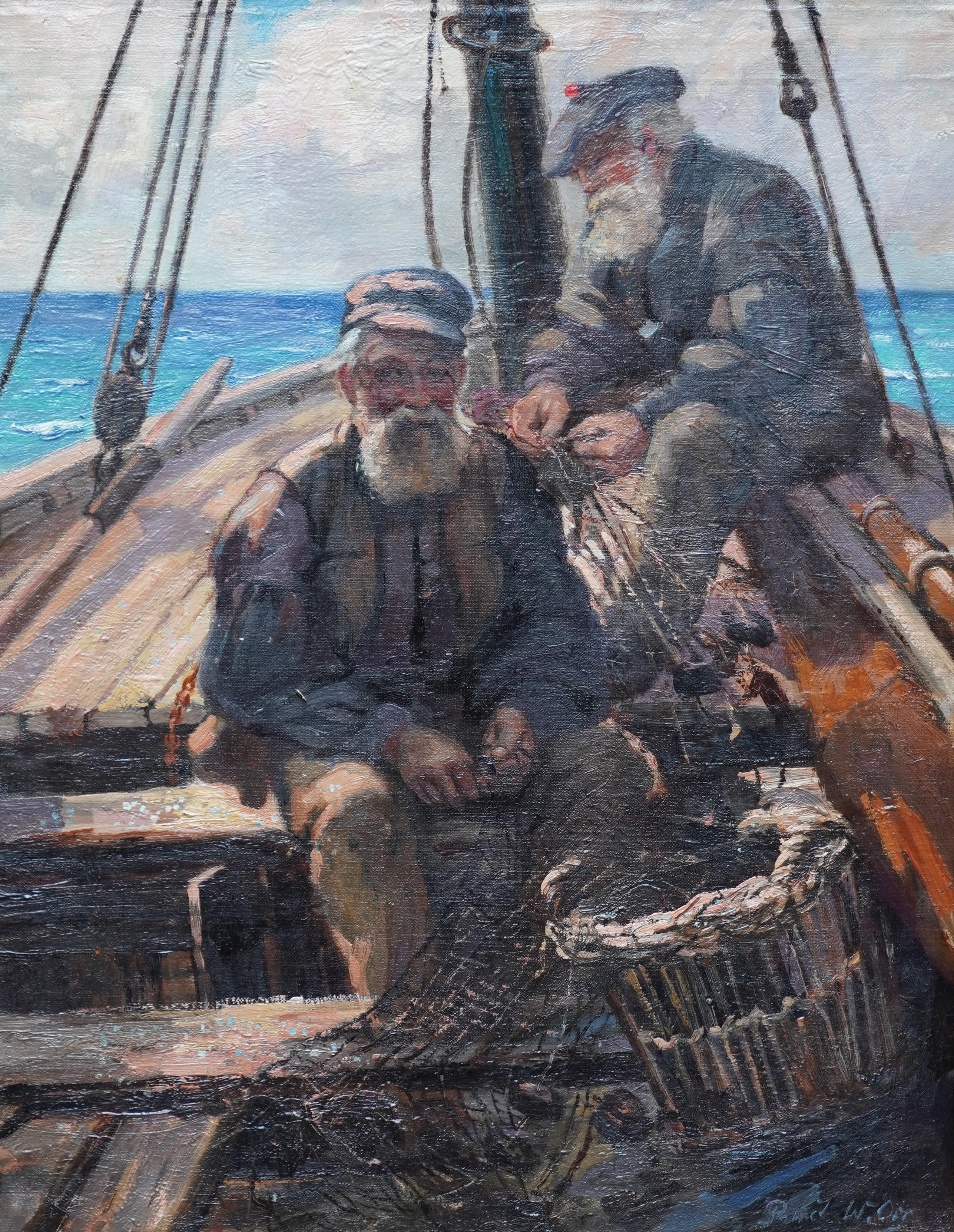Pescadores Marineros en el Mar - Pintura al óleo retrato marino de arte victoriano escocés en venta 5