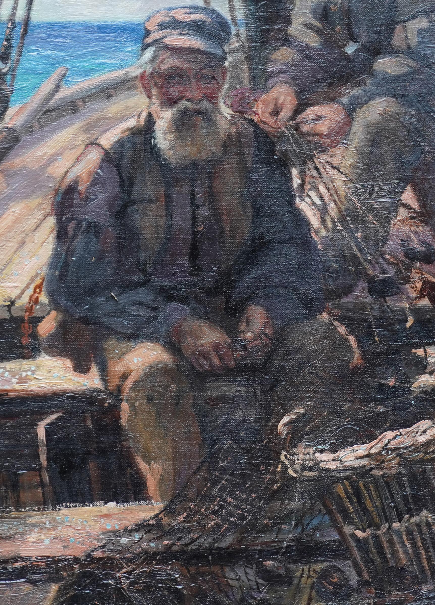 This charming Scottish Victorian oil painting is by noted Scottish artist Patrick William Orr. Painted circa 1880, this marine portrait is of two fishermen sailors at sea, sorting their nets. A lovely nautical painting full of character with great