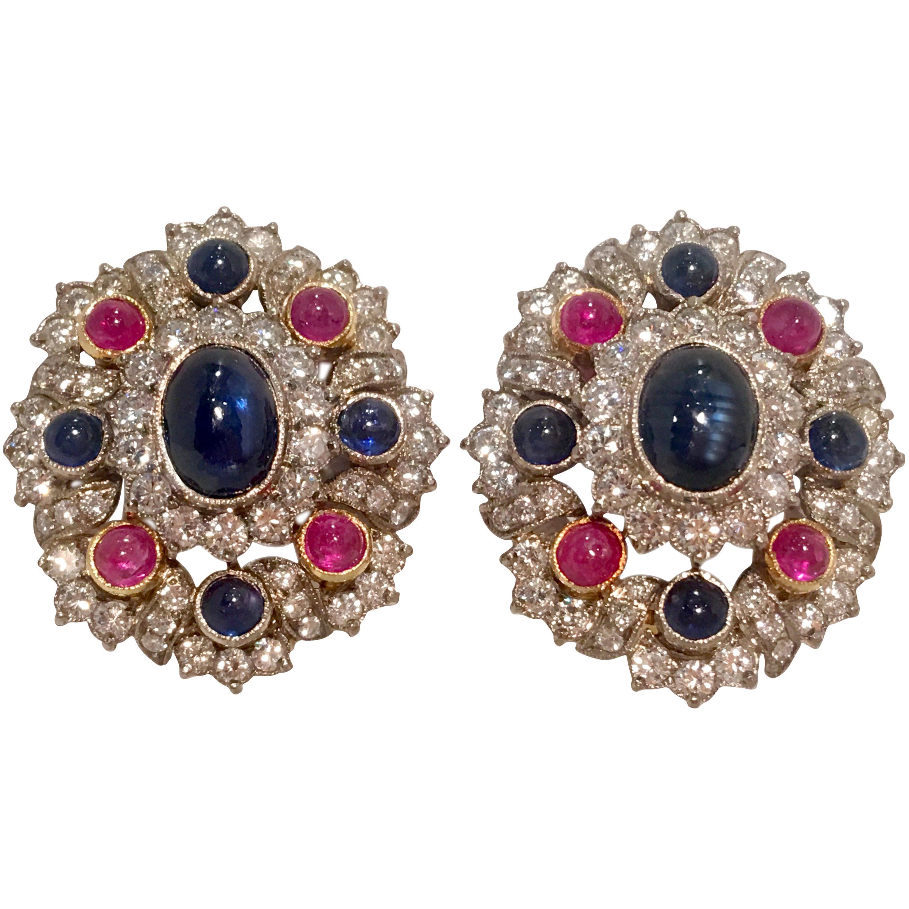 Elegant 12 Carat Red Ruby, Blue Sapphire, and Diamond 18K Gold Earrings  For Sale