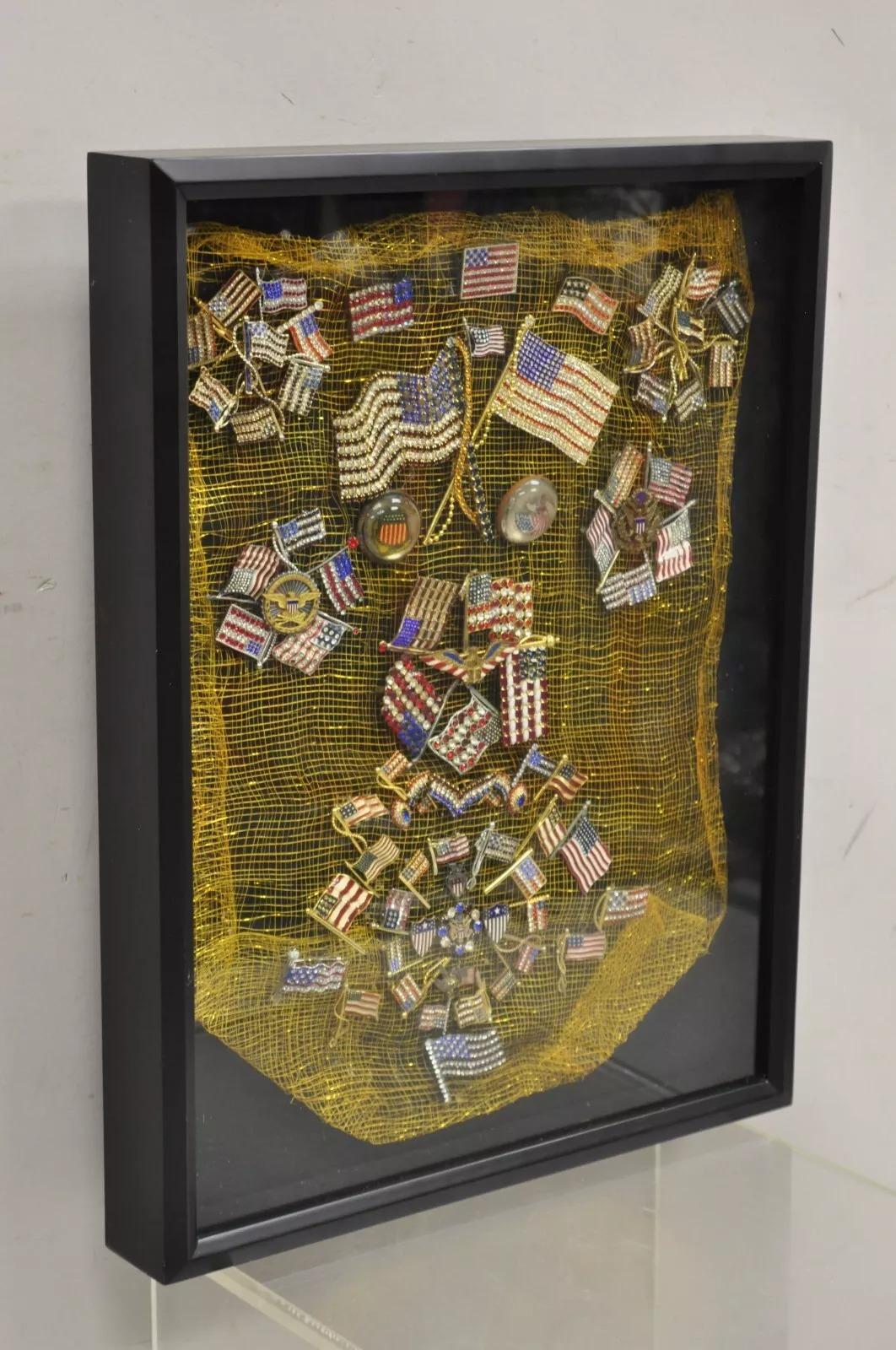 Patriotic American Flag Rhinestone Jewel Pins Collection Shadowbox Framed Art For Sale 3