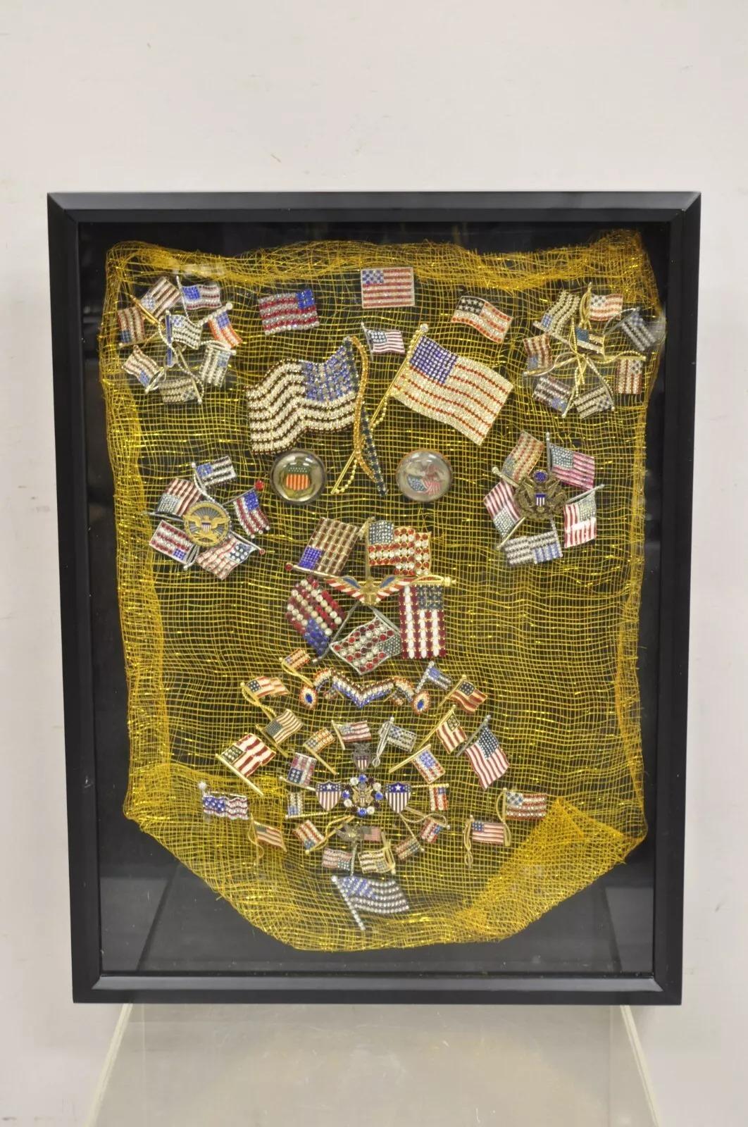 Patriotic American Flag Rhinestone Jewel Pins Collection Shadowbox Framed Art For Sale 5