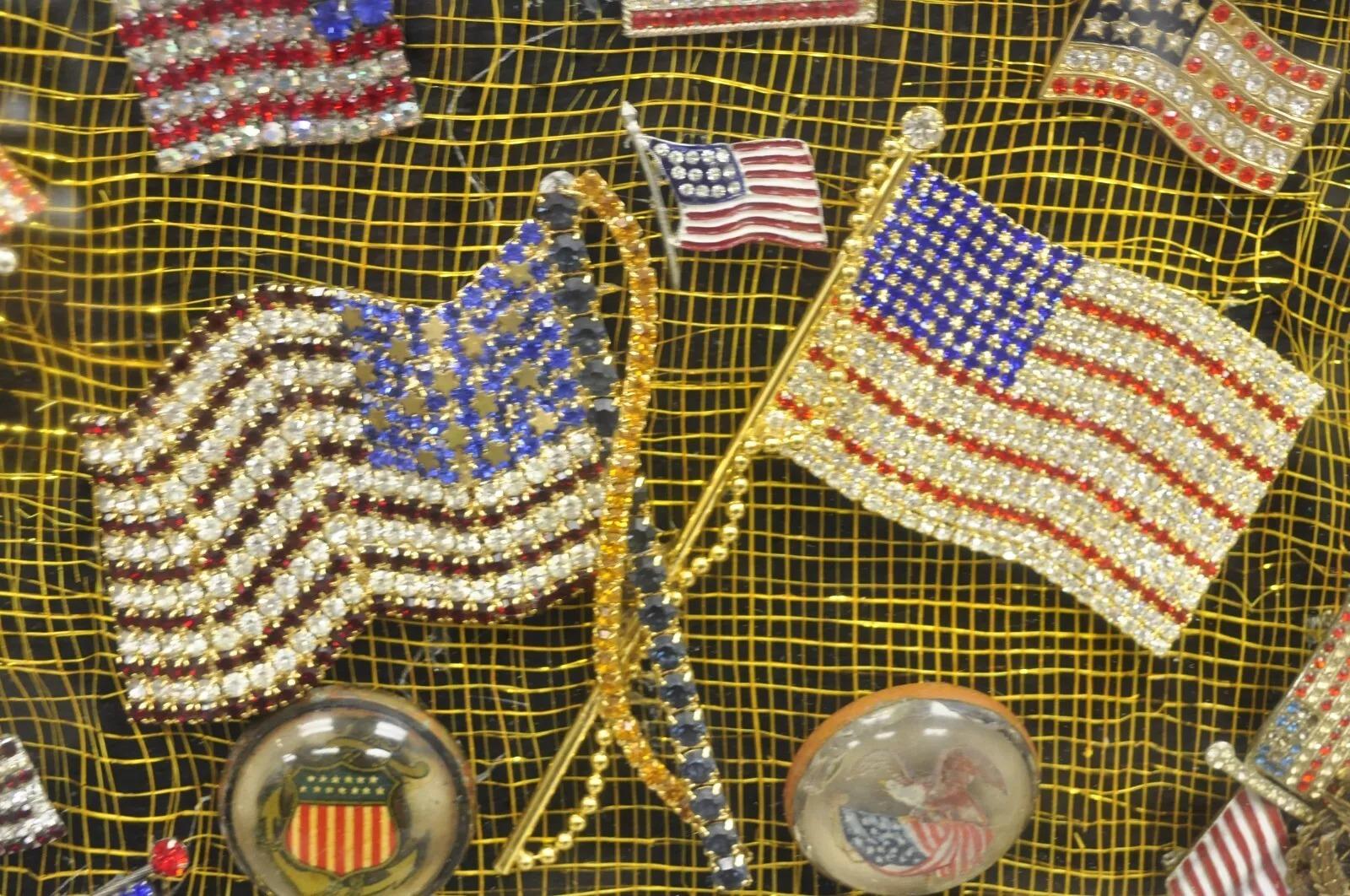 Other Patriotic American Flag Rhinestone Jewel Pins Collection Shadowbox Framed Art For Sale