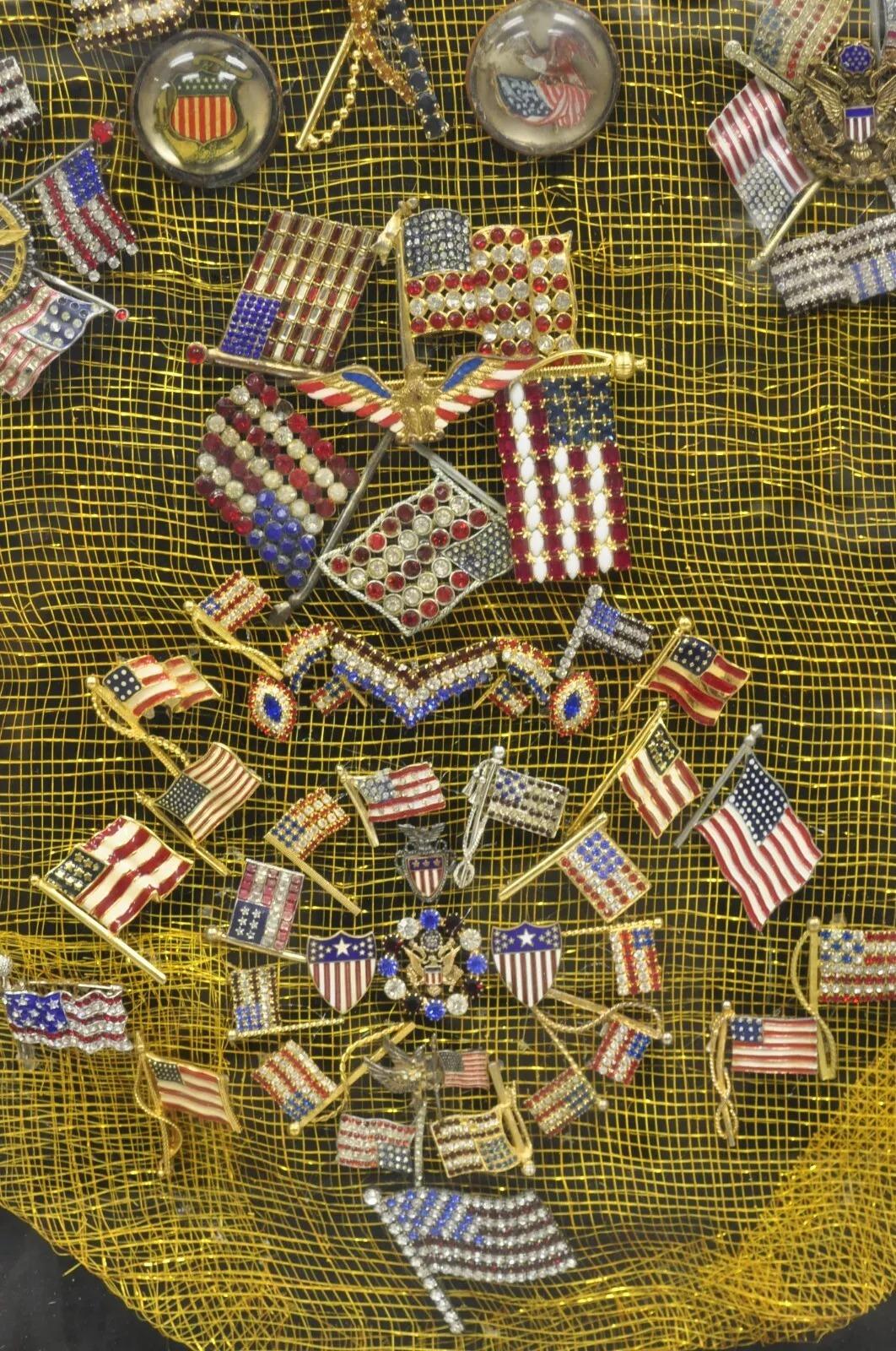 Patriotic American Flag Rhinestone Jewel Pins Collection Shadowbox Framed Art In Good Condition For Sale In Philadelphia, PA
