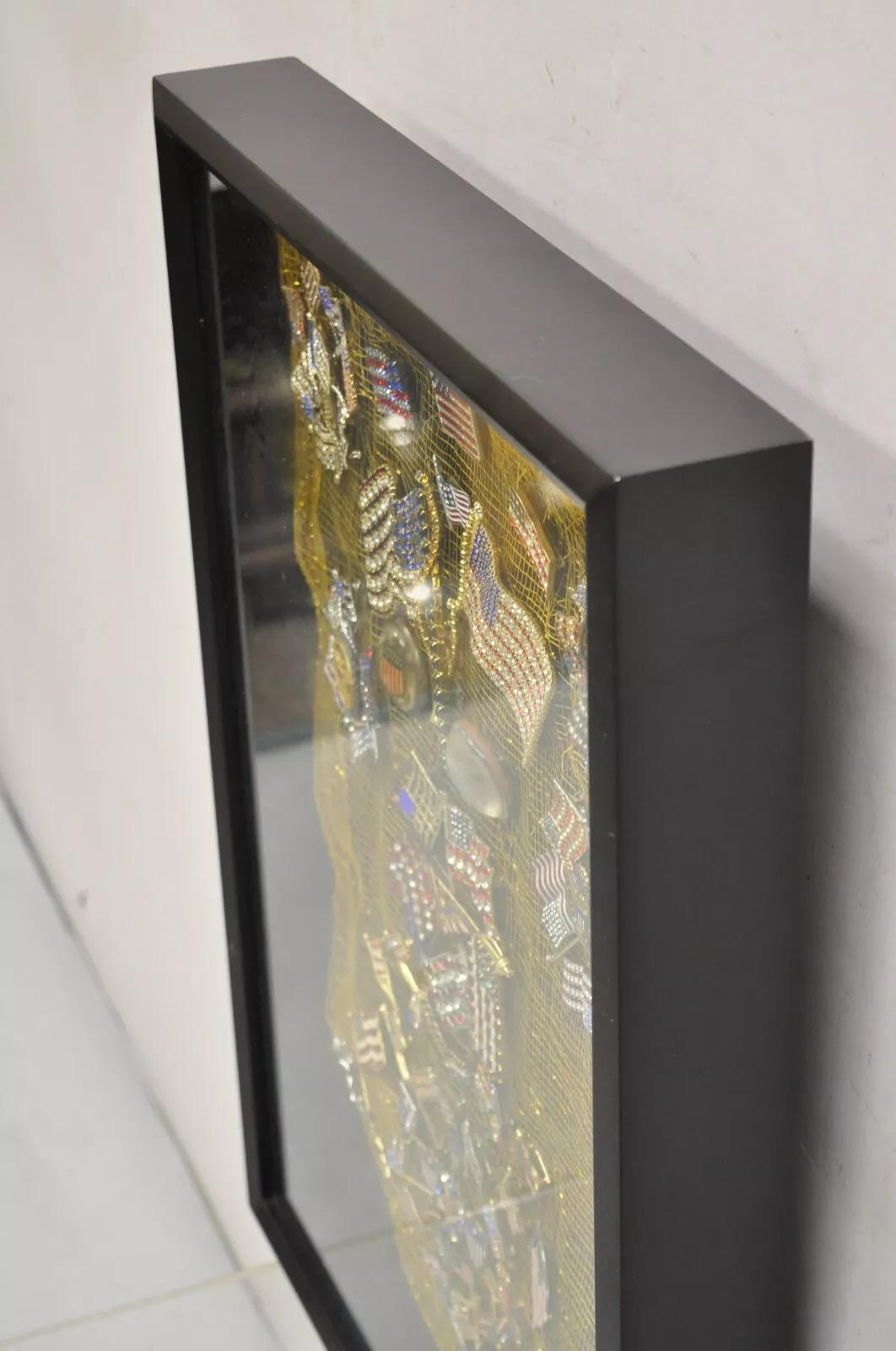 20th Century Patriotic American Flag Rhinestone Jewel Pins Collection Shadowbox Framed Art For Sale