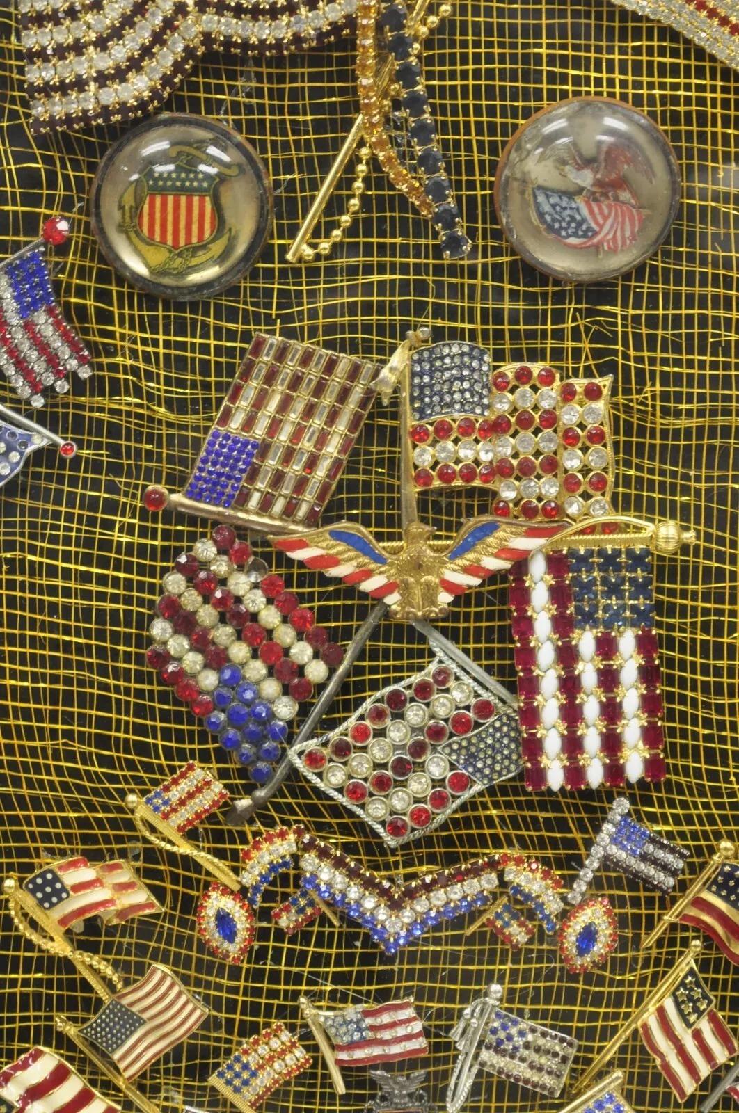 Metal Patriotic American Flag Rhinestone Jewel Pins Collection Shadowbox Framed Art For Sale