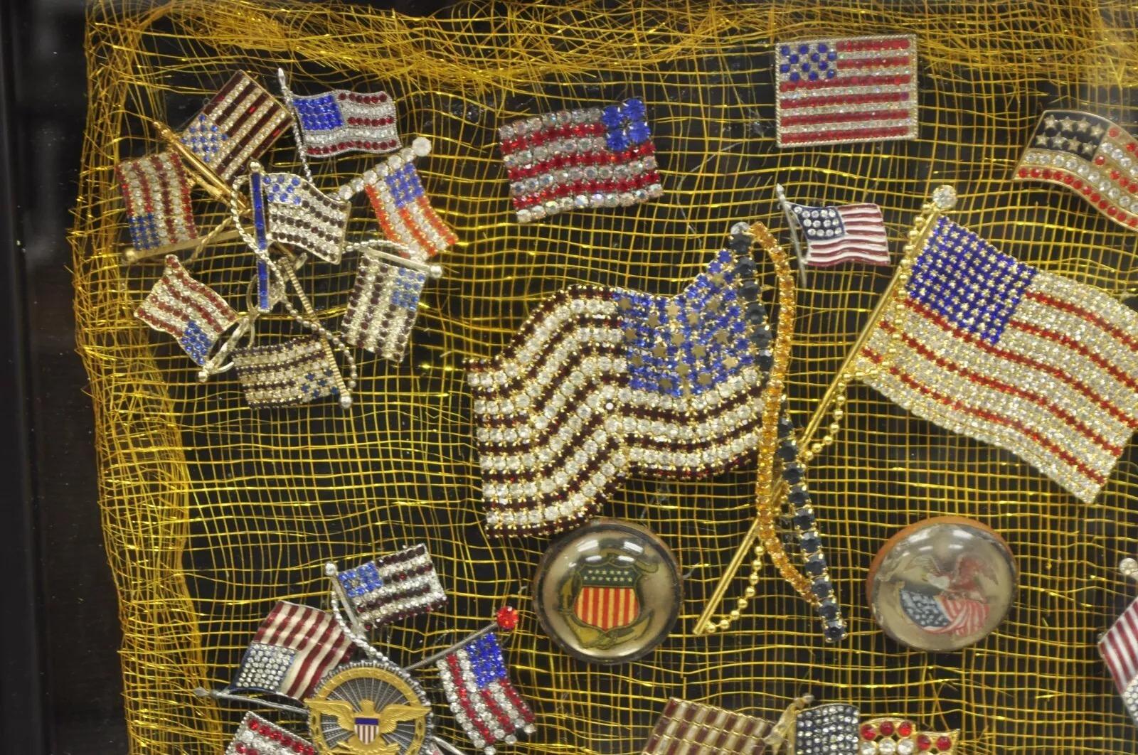 Patriotic American Flag Rhinestone Jewel Pins Collection Shadowbox Framed Art For Sale 1