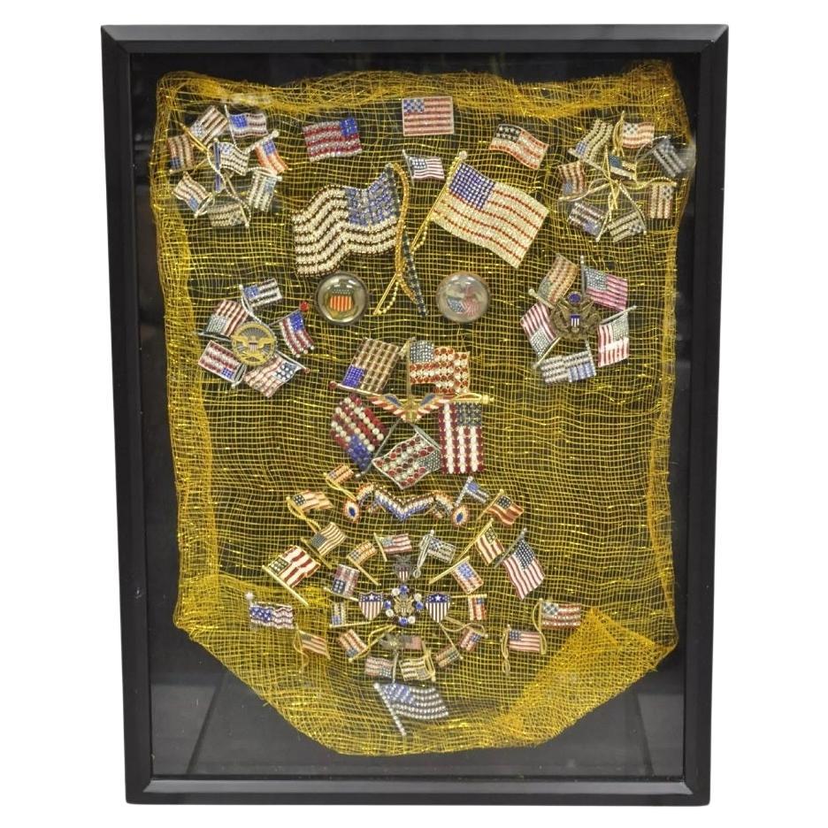 Patriotic American Flag Rhinestone Jewel Pins Collection Shadowbox Framed Art For Sale