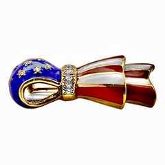 Patriotic American Ribbon Brooch 18K Gold with Red/White/Blue Enamel & Diamonds