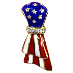 Patriotic American Ribbon Brooch 18K Gold with Red/White/Blue Enamel & Diamonds