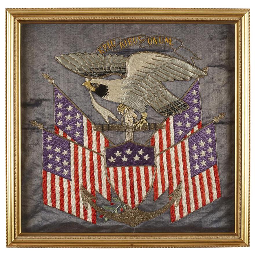 Patriotic "E Pluribus Unum" and Eagle Silk Embroidered White Fleet Souvenir 1909