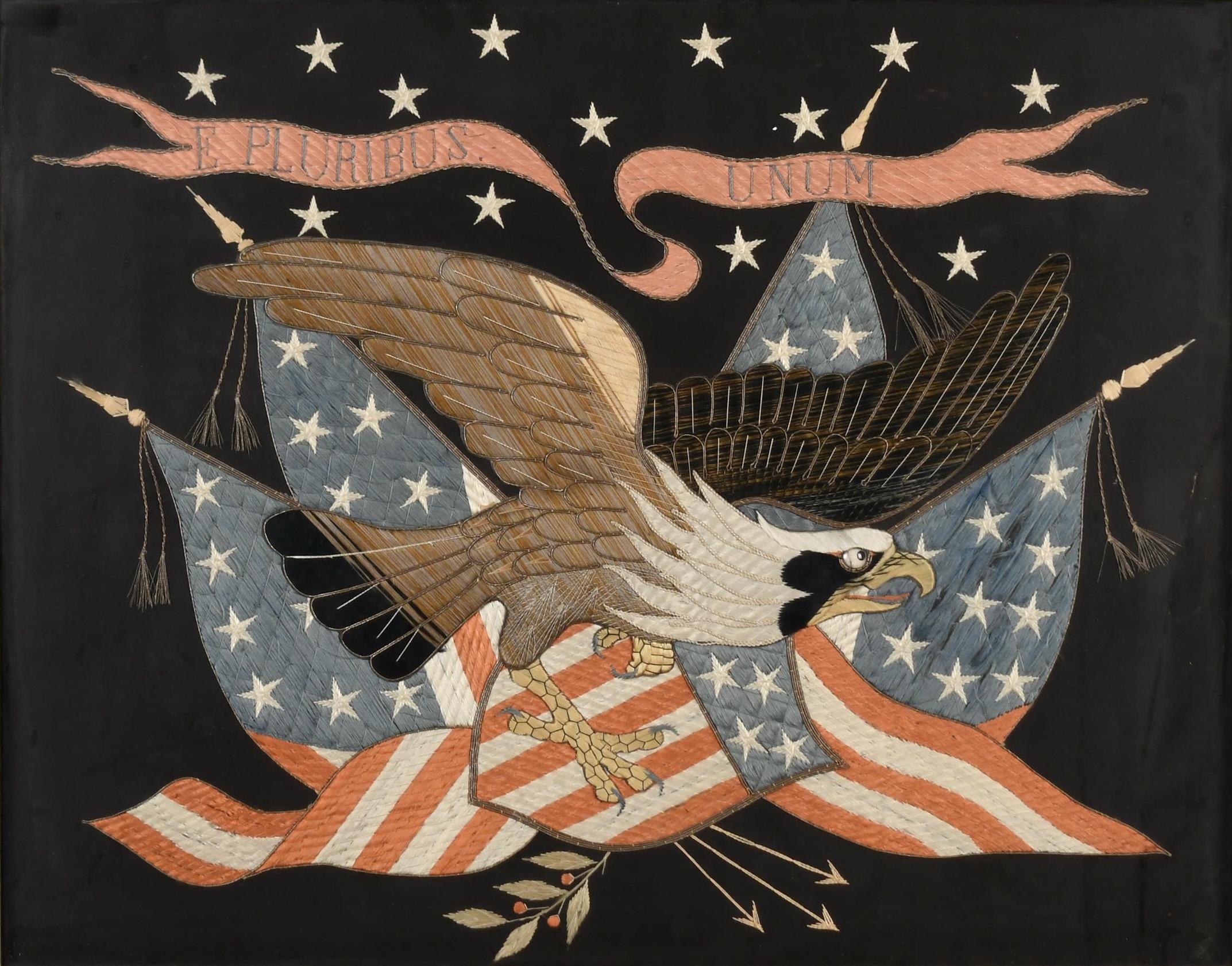 Presented is a patriotic silk and metallic thread trapunto embroidered souvenir, dating to the late 19th century. The banner has a black silk field, with 