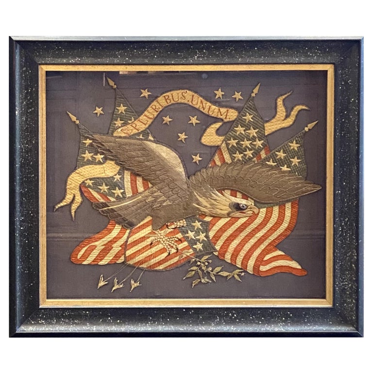 Patriotic "E Pluribus Unum" Silk and Metallic Embroidered Souvenir of Eagle For Sale