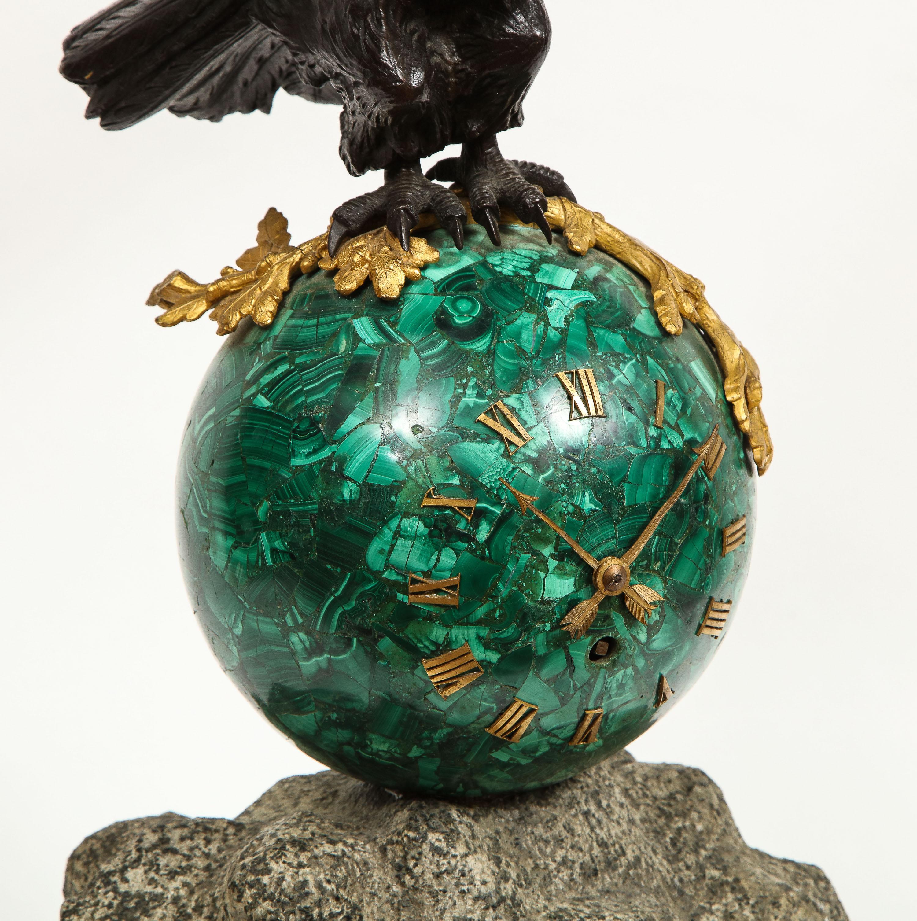 Patriotic French Patinated Bronze Eagle and Malachite Clock on Granite Base 1889 3