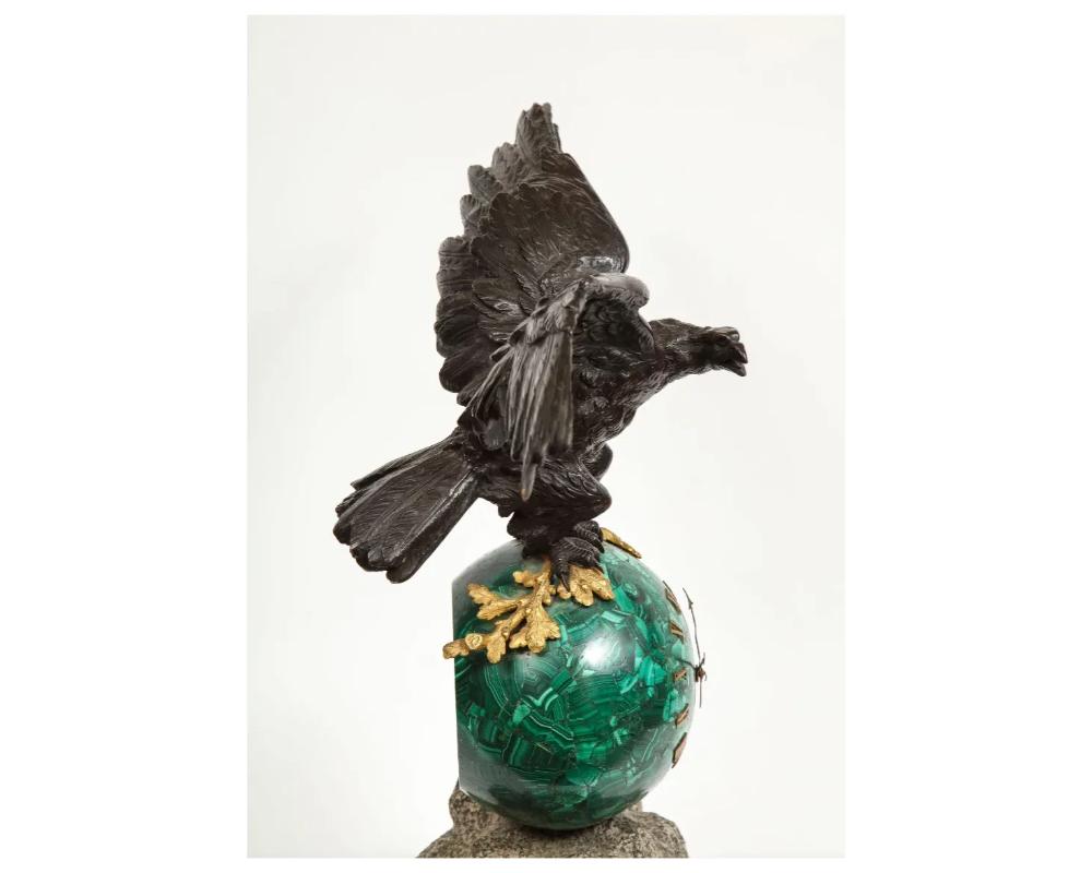 Patriotic French Patinated Bronze Eagle and Malachite Clock on Granite Base 1889 For Sale 6