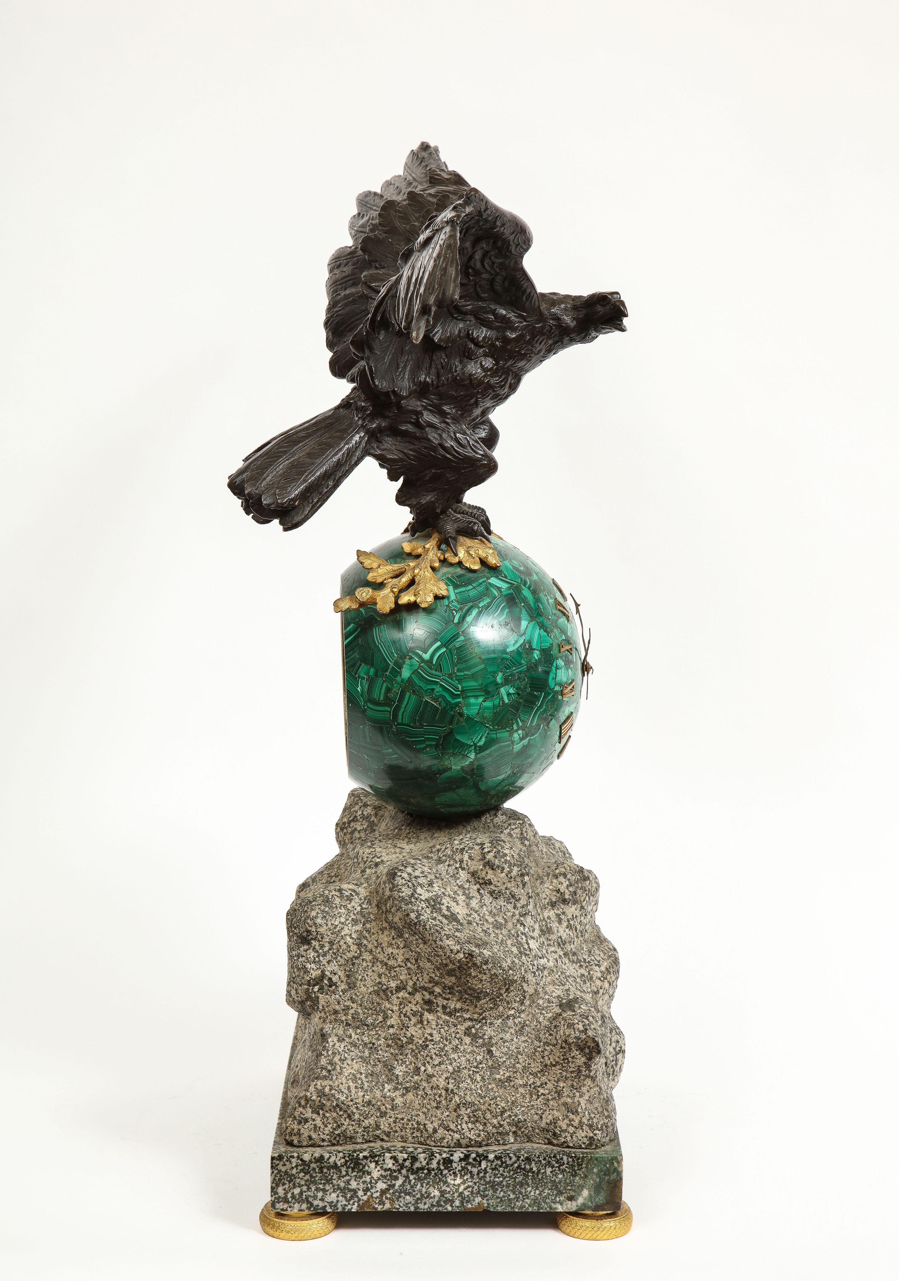 Patriotic French Patinated Bronze Eagle and Malachite Clock on Granite Base 1889 6